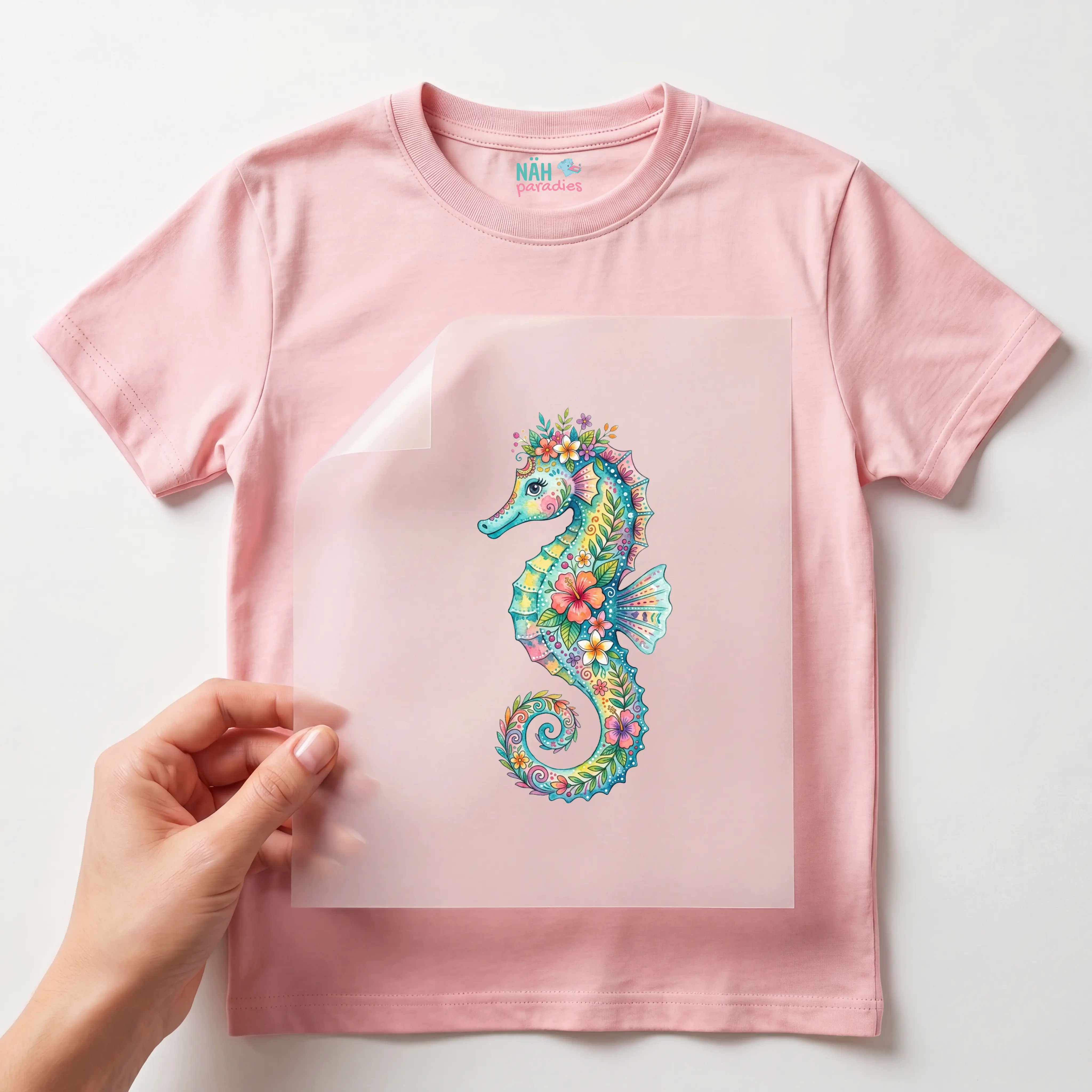 Bügelbild Seepferdchen mit Blumen