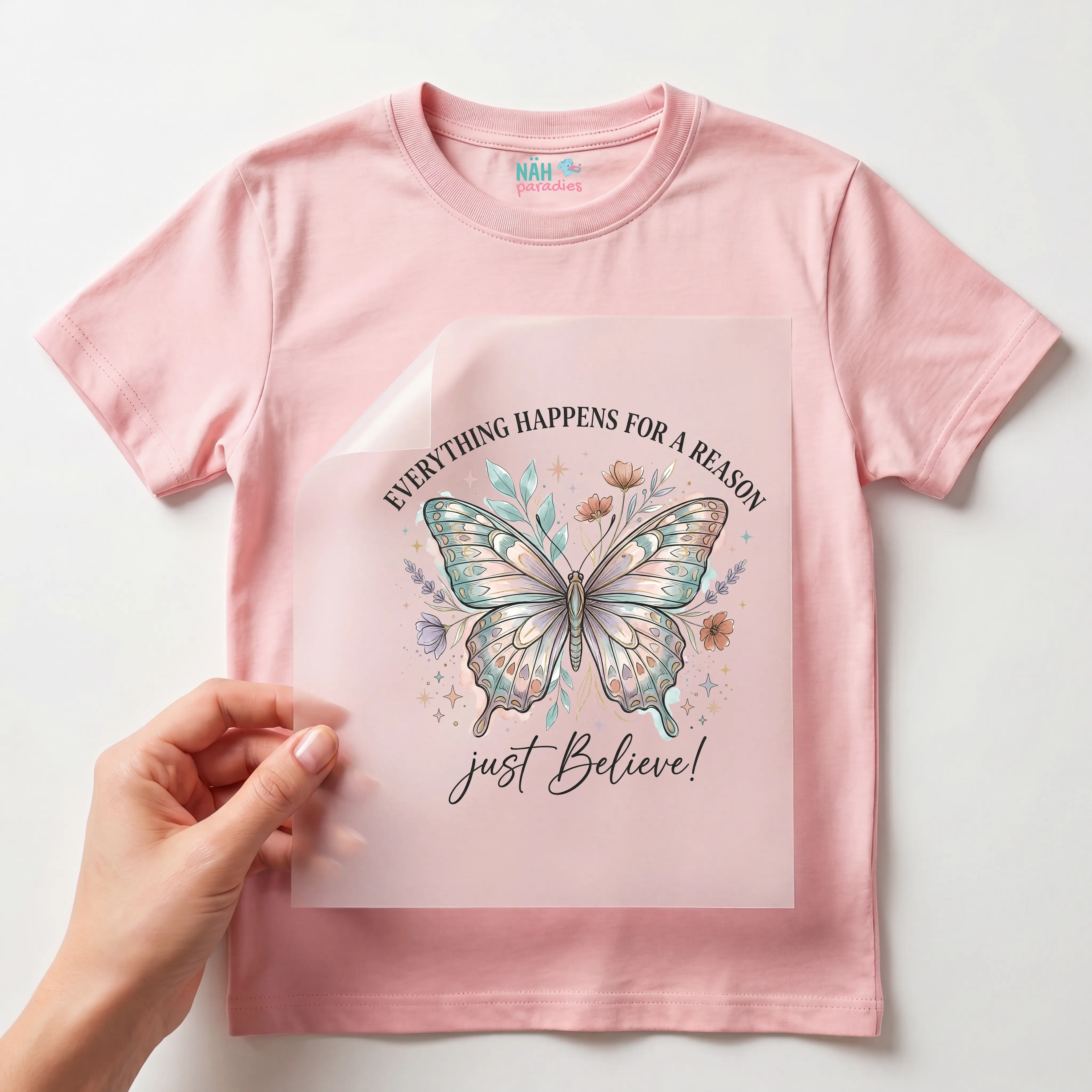 Bügelbild Schmetterling Spruch "Just Believe"