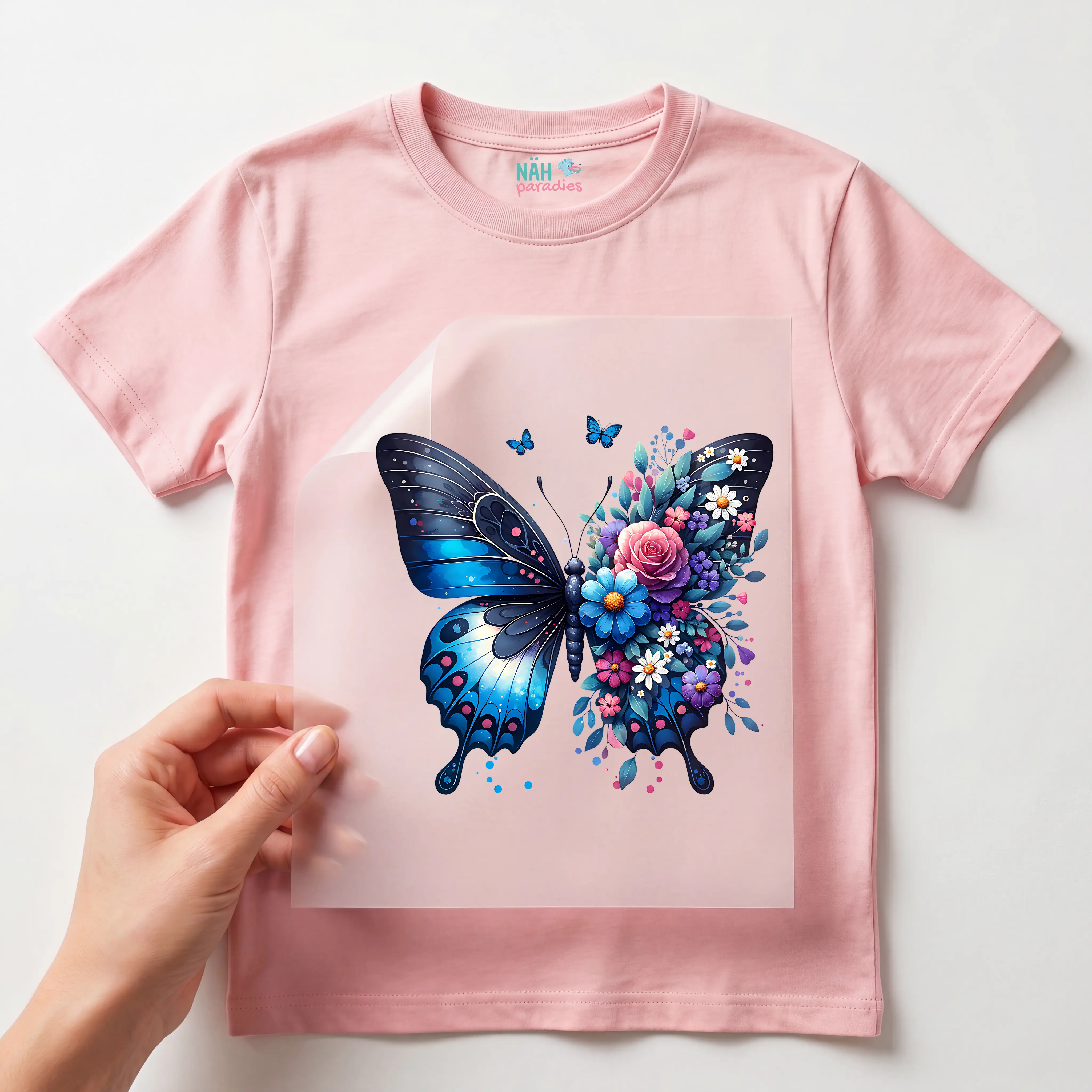 Bügelbild Schmetterling mit Blumen Dunkelblau