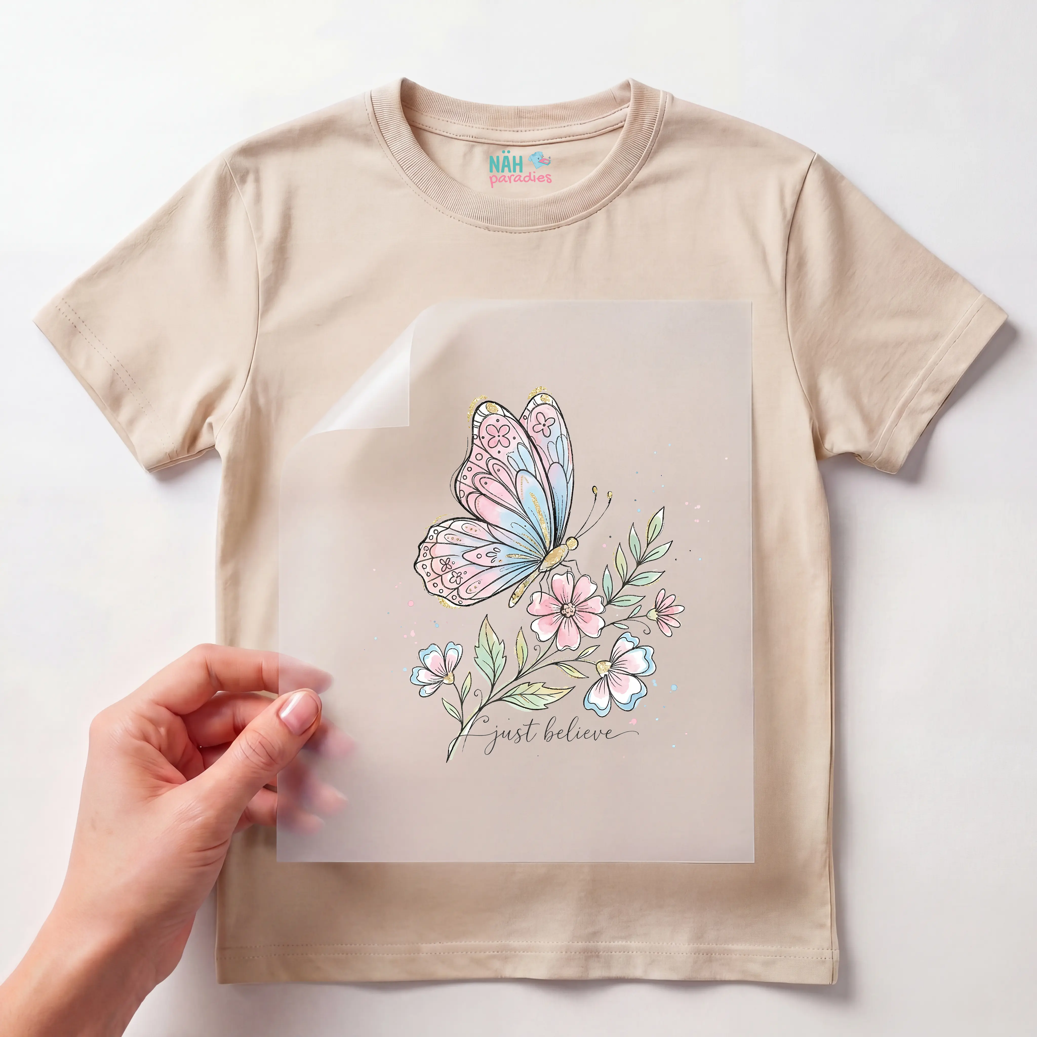 Bügelbild Schmetterling Rosa "Just Believe"