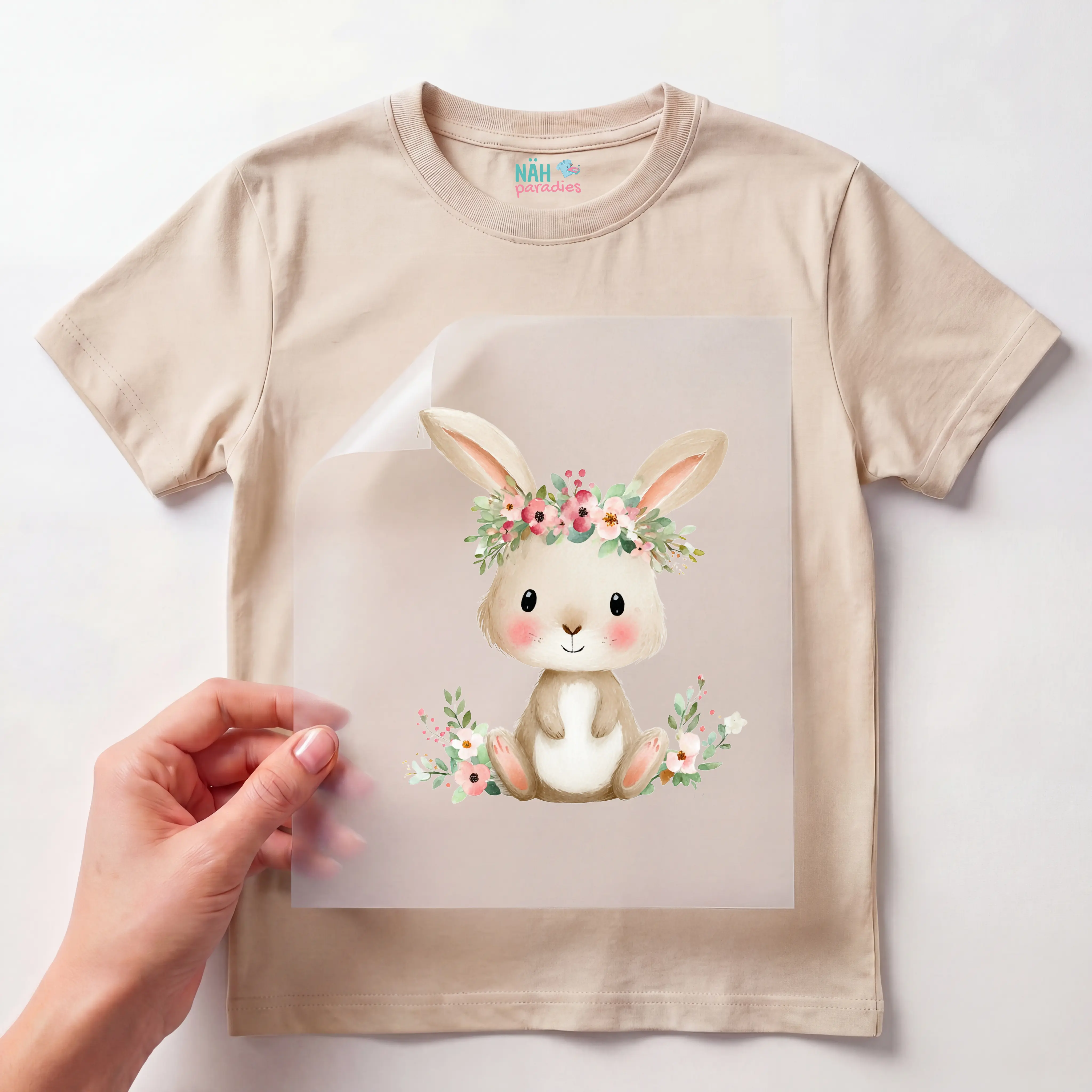 Bügelbild Hase mit Blumenkranz