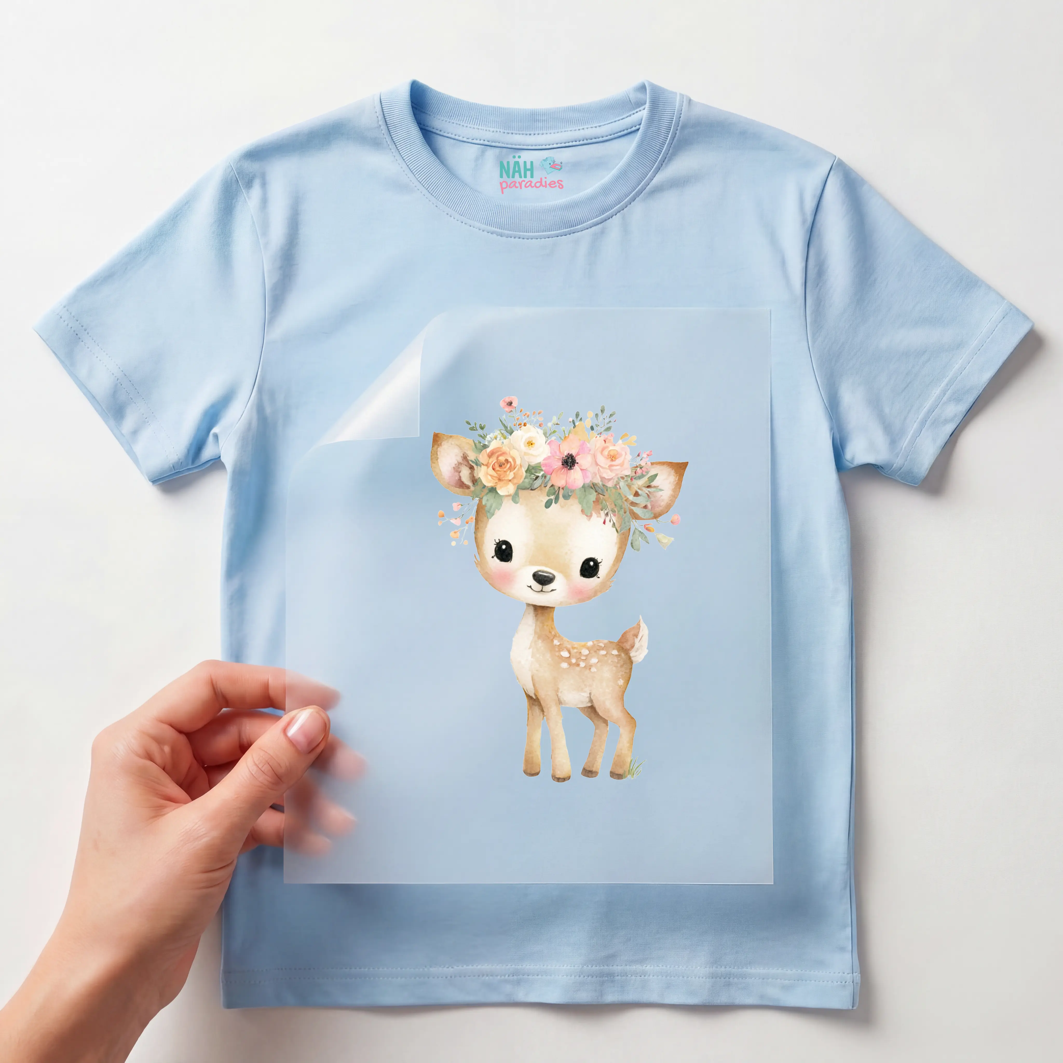 Bügelbild Reh Baby mit Blumenkranz