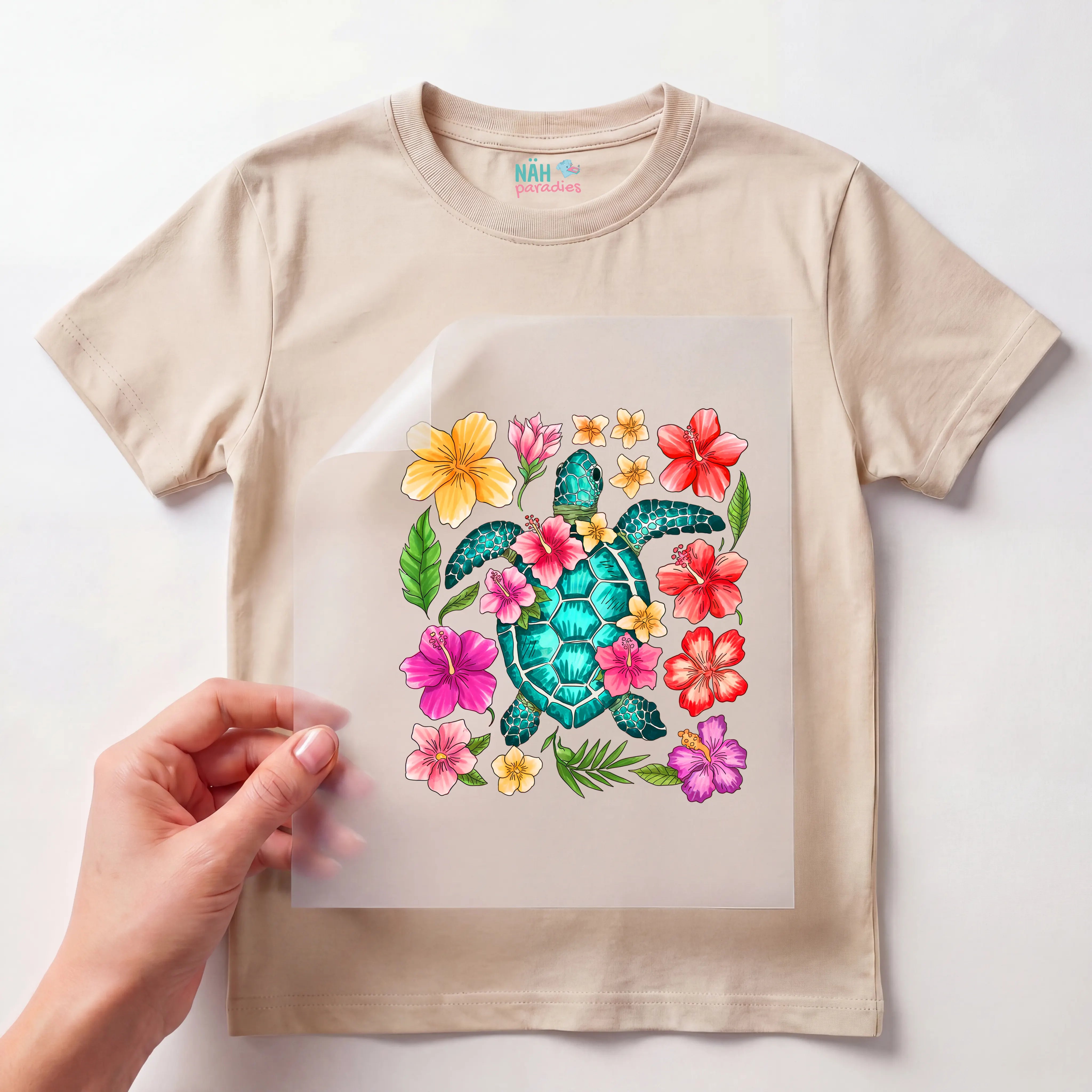 Bügelbild Schildkröte Blumen