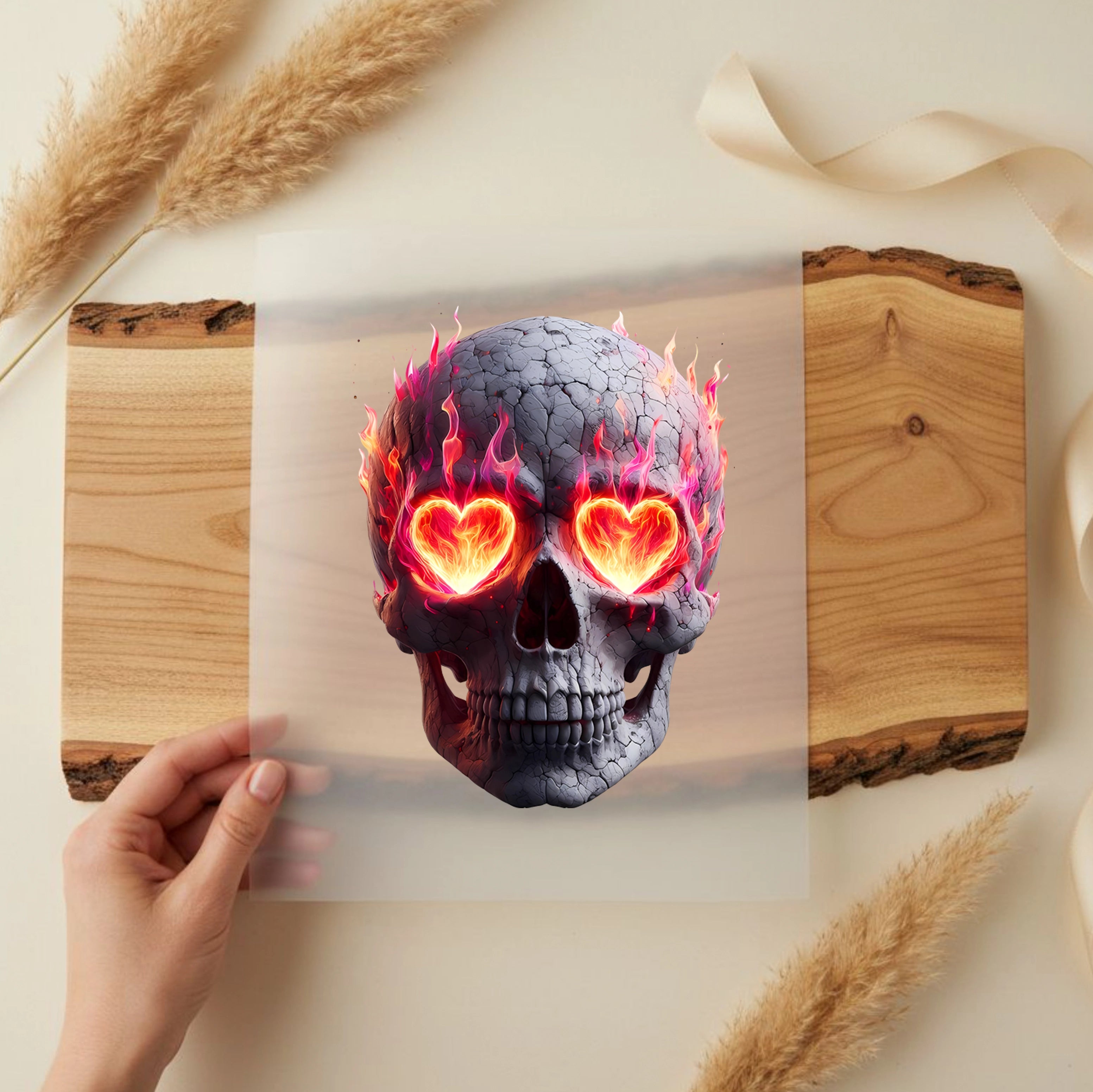 Bügelbild feuriger Schädel der Liebe