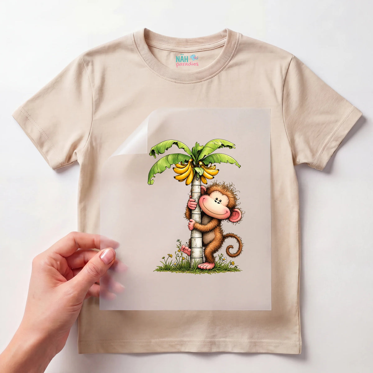 Bügelbild Affe mit Bananenpalme