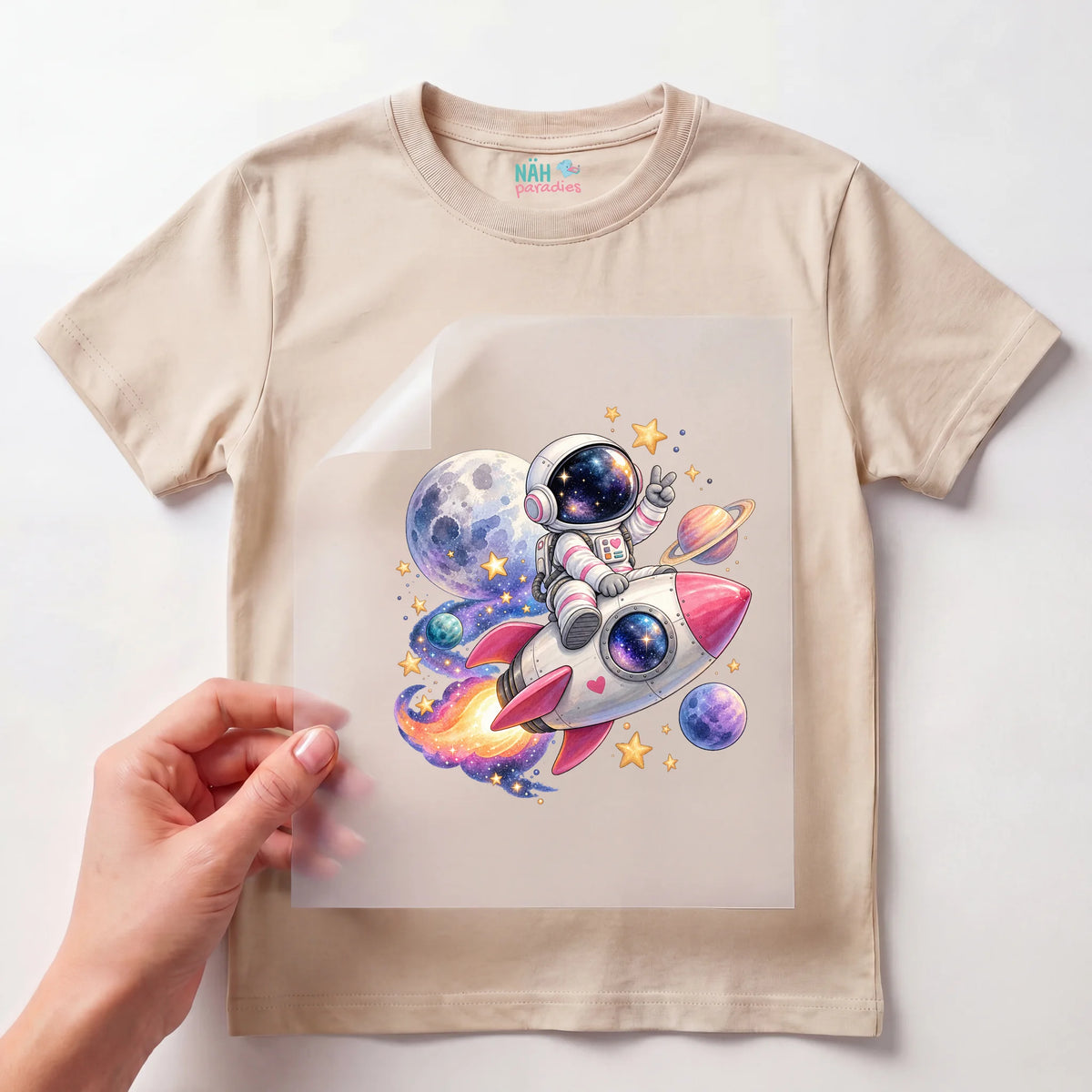 Bügelbild Astronaut auf Rakete Rosa Aquarell