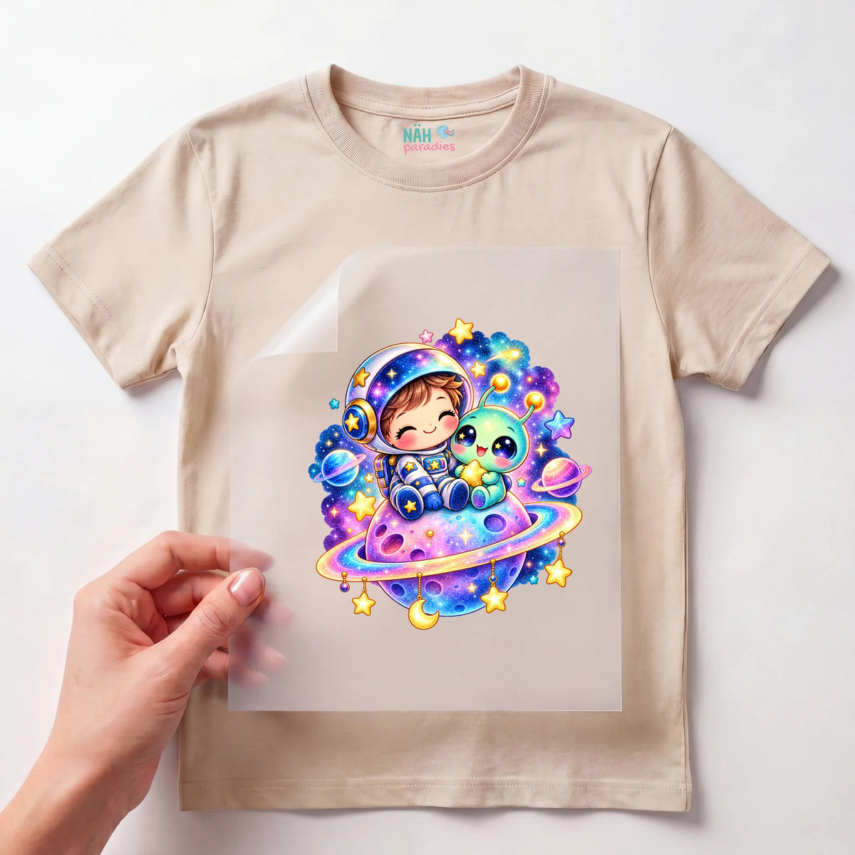 Bügelbild Astronaut Kind mit Alien Kawaii