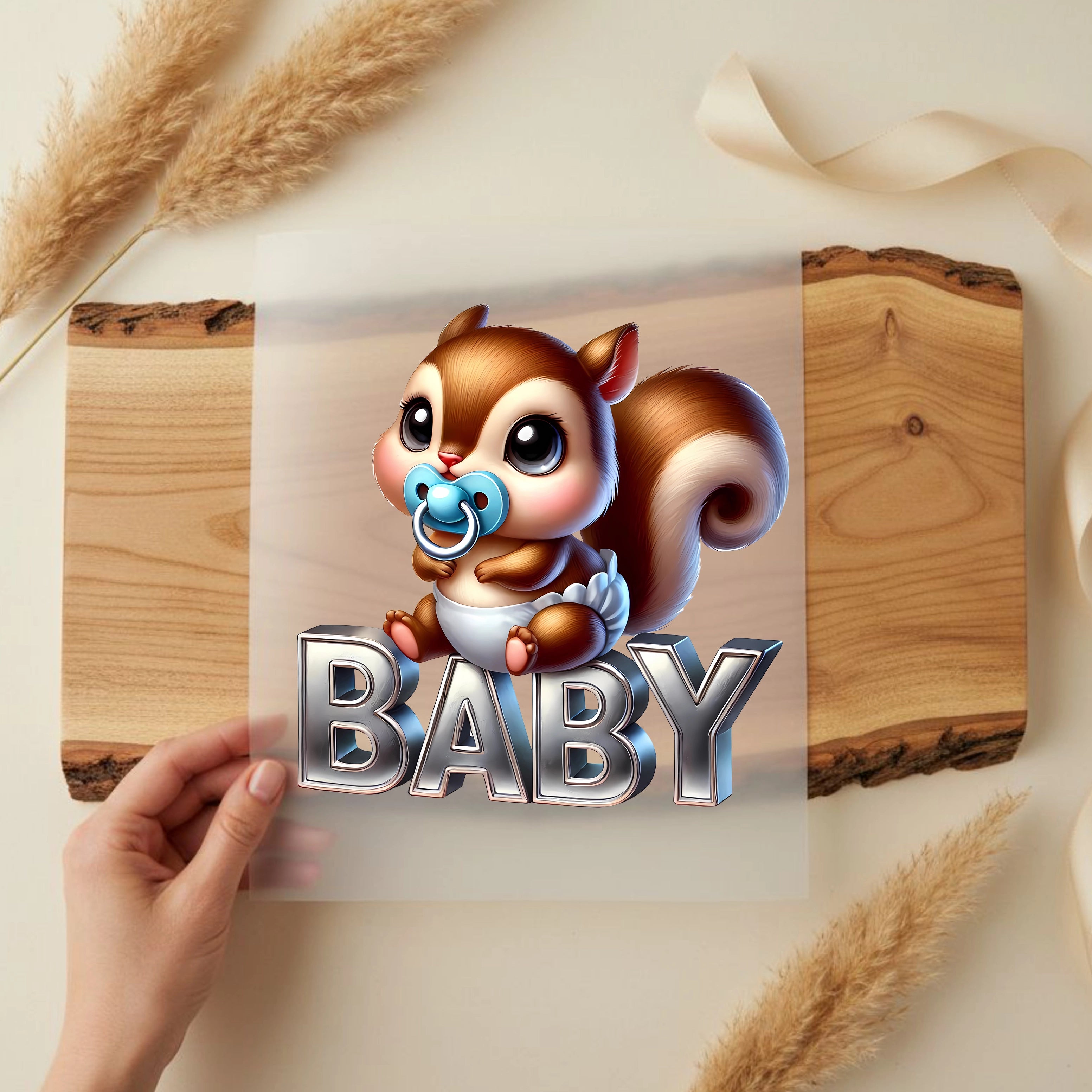 Bügelbild Baby Eichhörnchen Nussglück