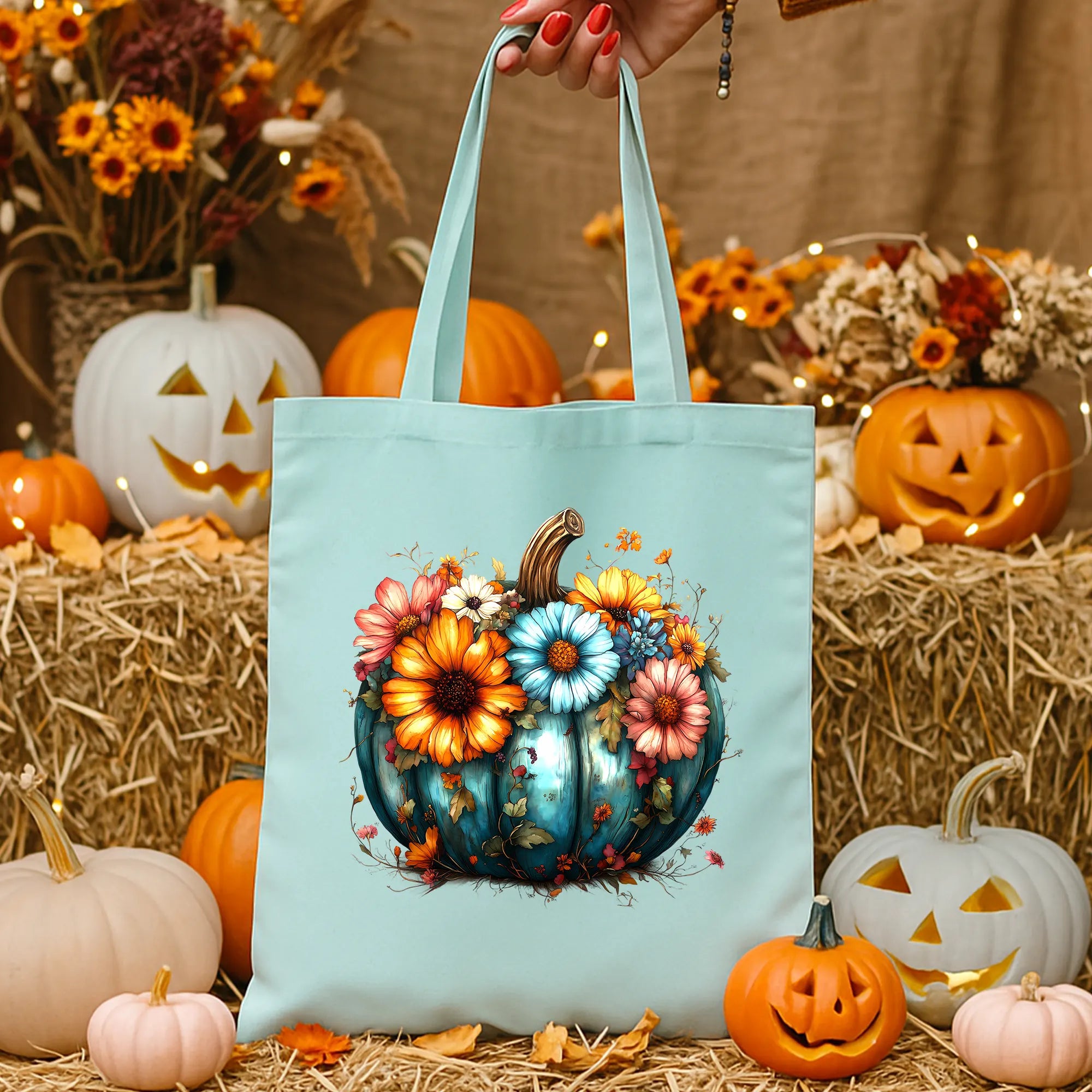 Bügelbild Blauer Blumen Kürbis