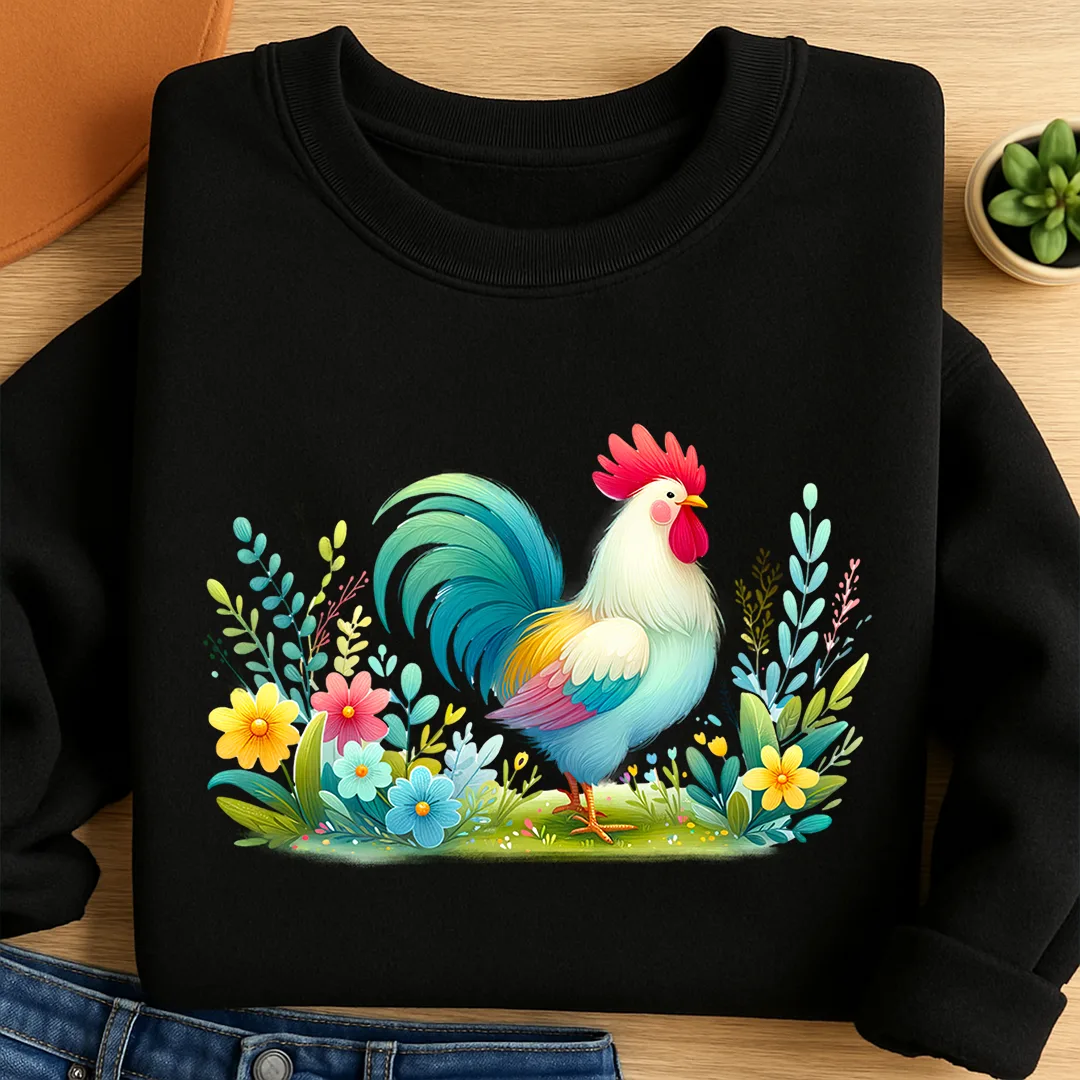 Bügelbild Blüten Hahn