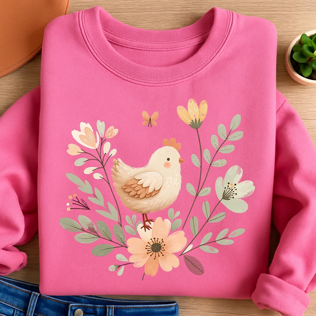 Bügelbild Blüten Huhn