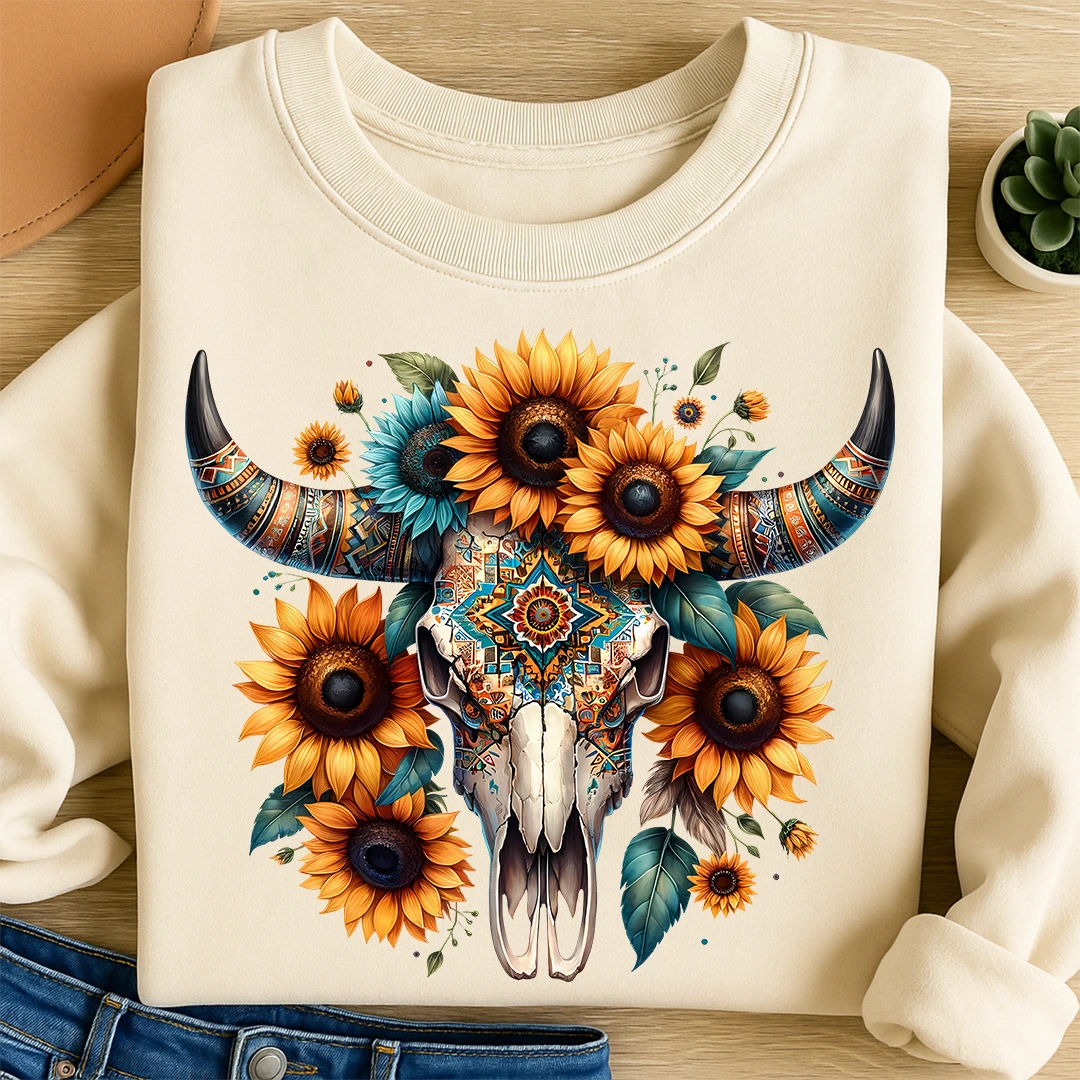 Bügelbild Boho Skull Sonnenblumenzauber
