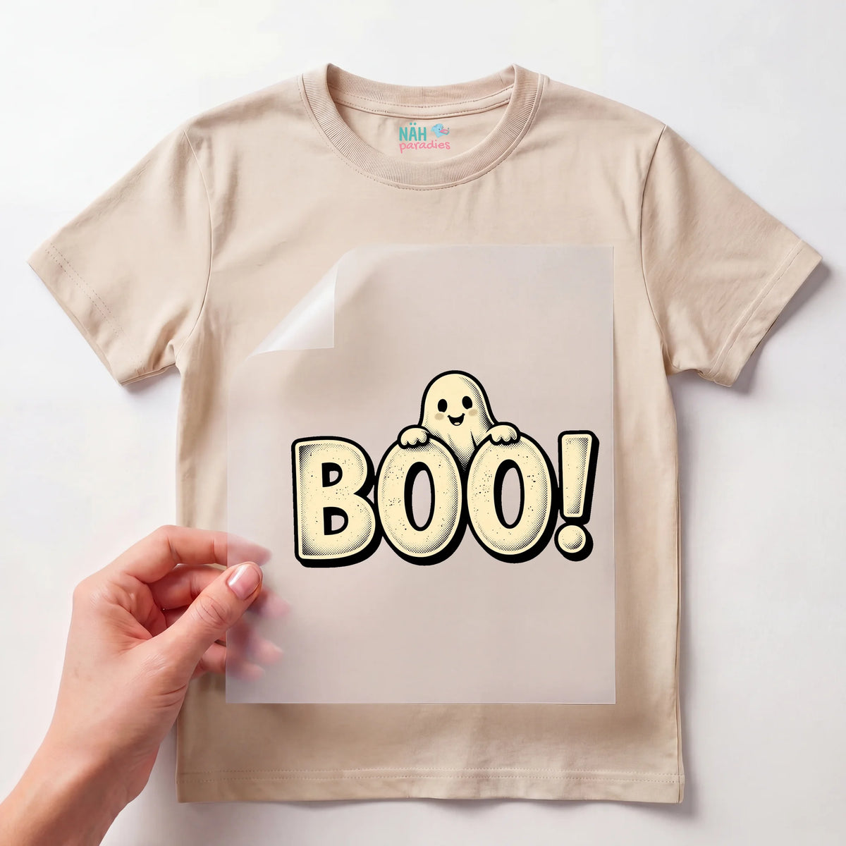 Bügelbild Boo Schriftzug mit Geist