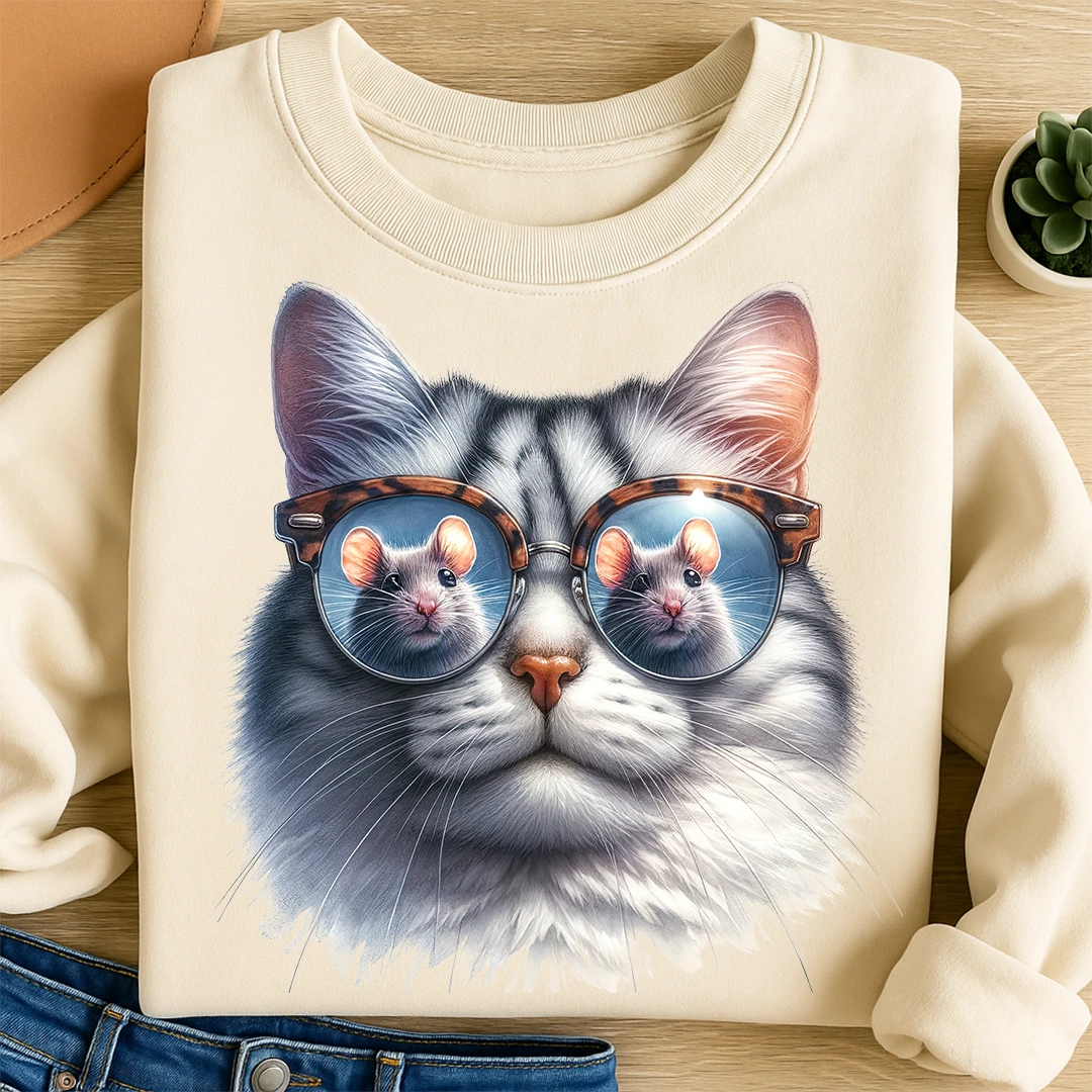 Bügelbild Brillen Katze Mausfänger