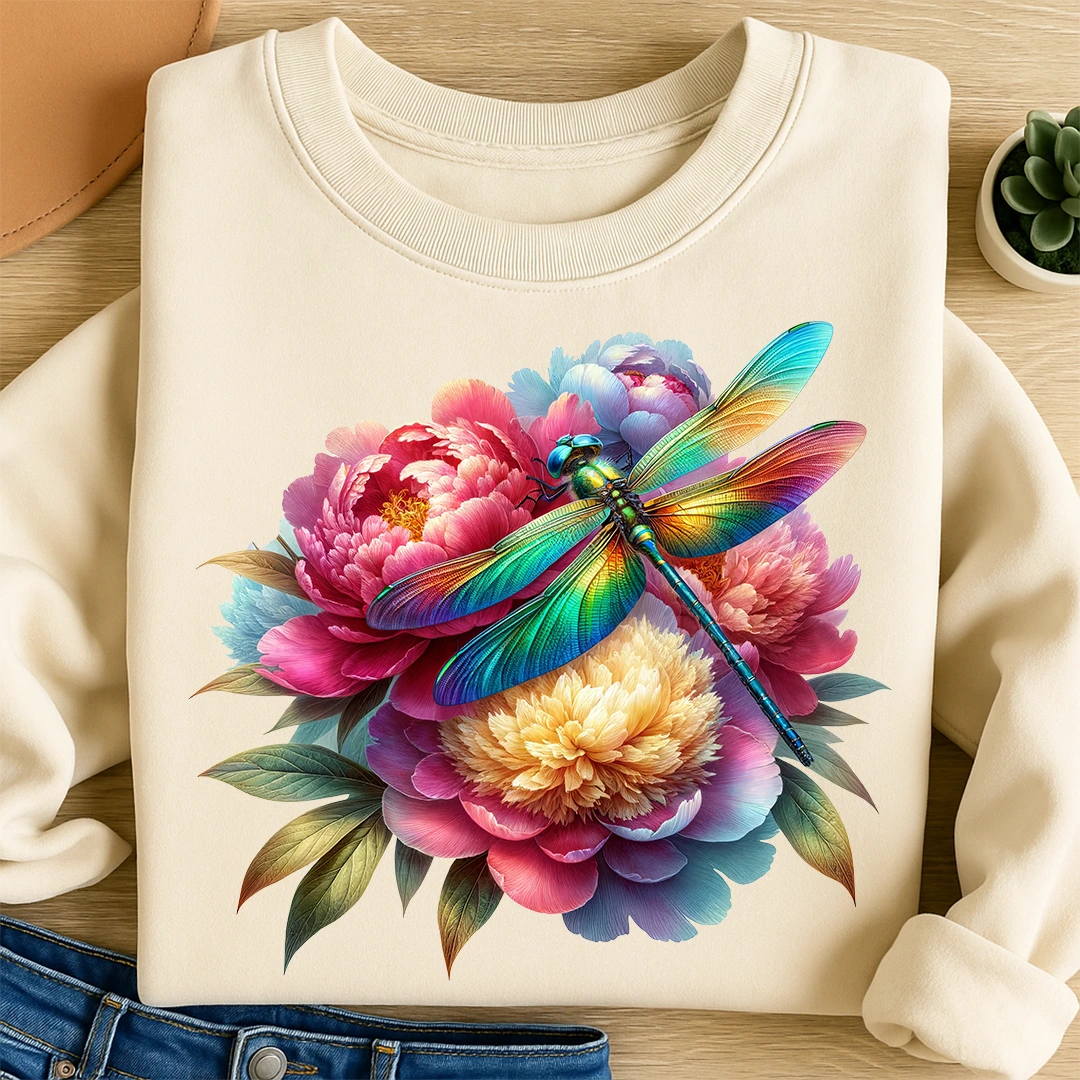 Bügelbild Bunte Libelle auf Pfingstrosen