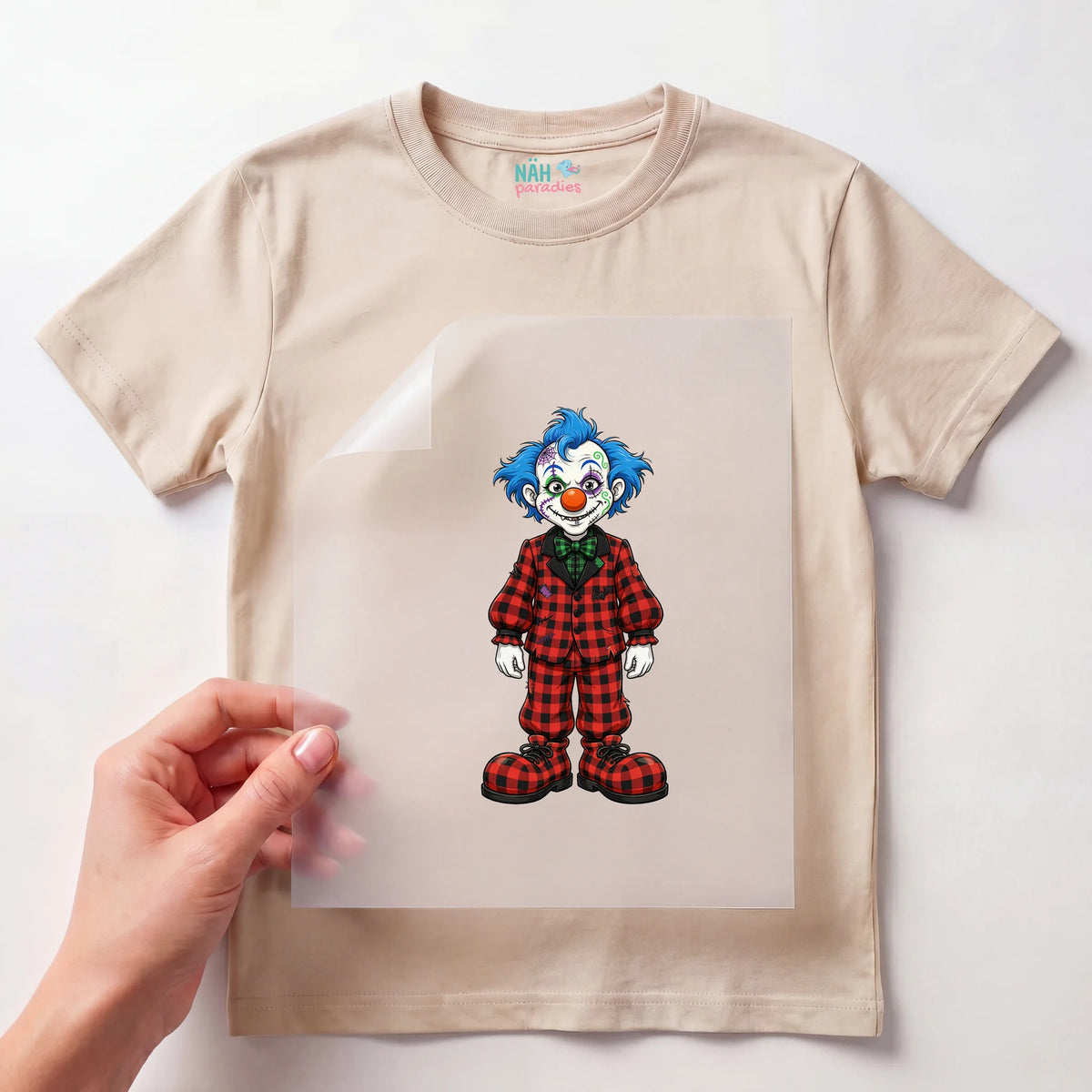 Bügelbild Clown Rot Kariert Blaue Haare