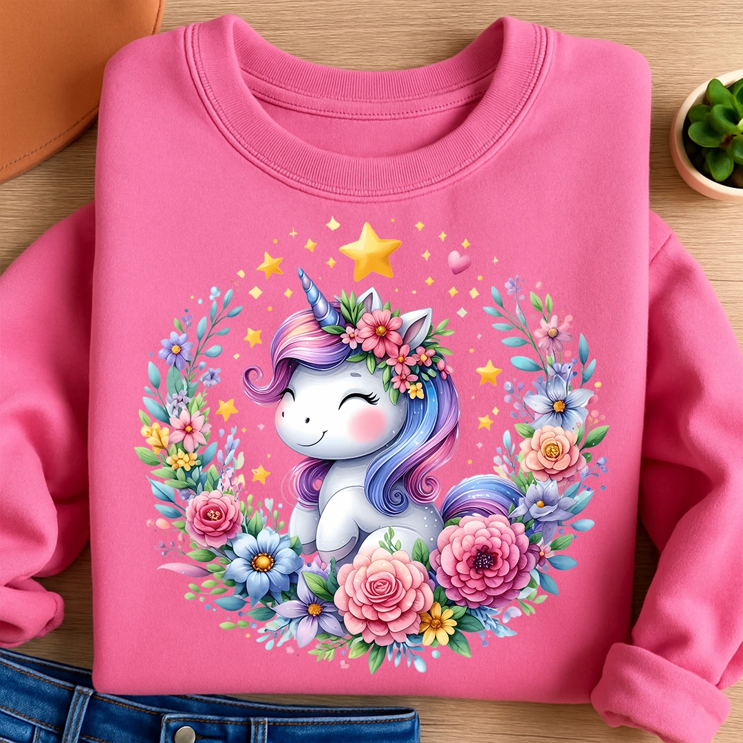 Bügelbild Einhorn Blumenkranz