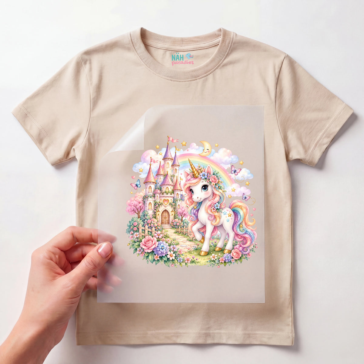 Bügelbild Einhorn vor Märchenschloss
