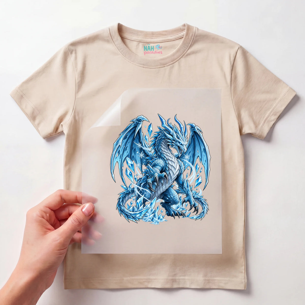Bügelbild Eisdrache Blau Kristall
