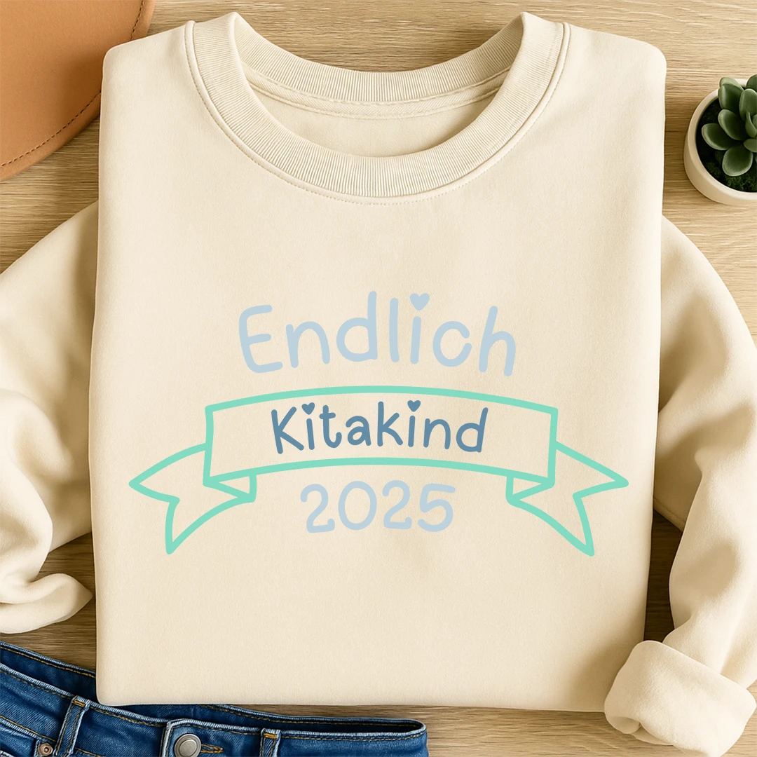 Bügelbild Endlich Kitakind Blau