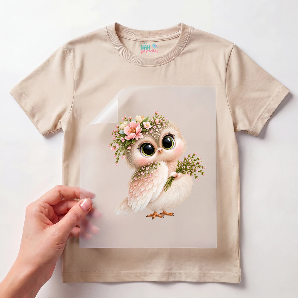 Bügelbild Eule mit Blumen Rosa
