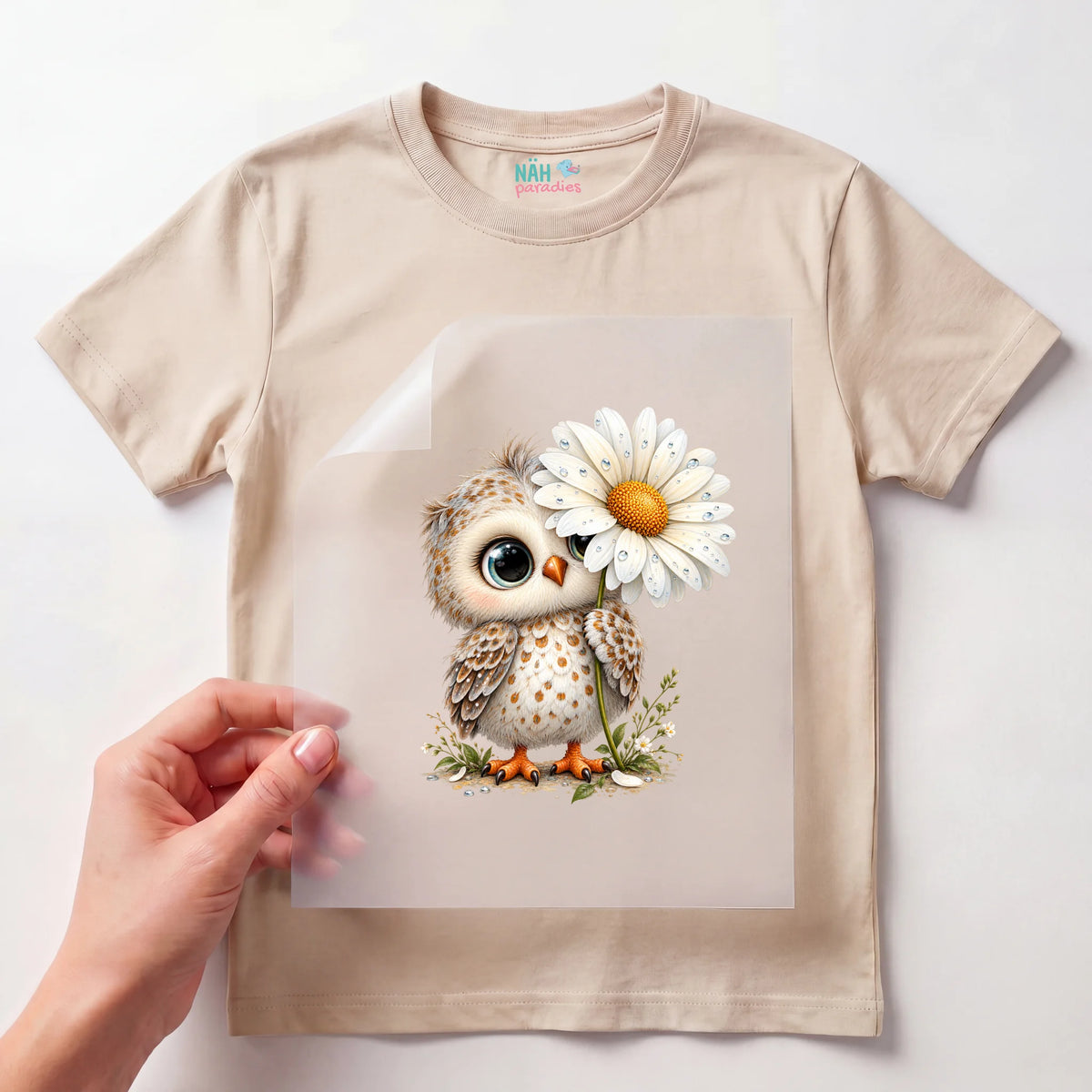 Bügelbild Eule mit Gänseblümchen