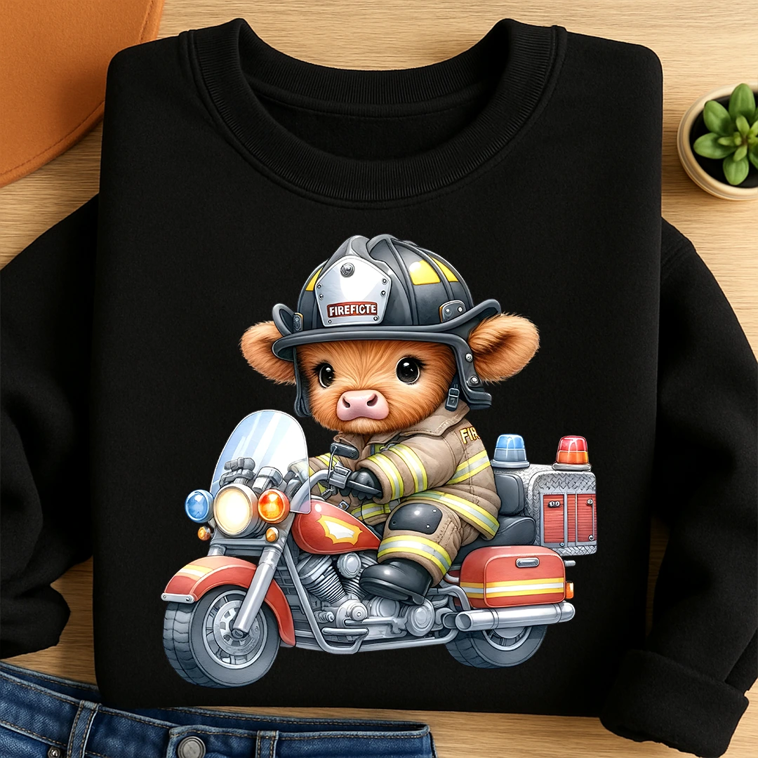 Bügelbild Feuerwehr Kuh Motorradheld