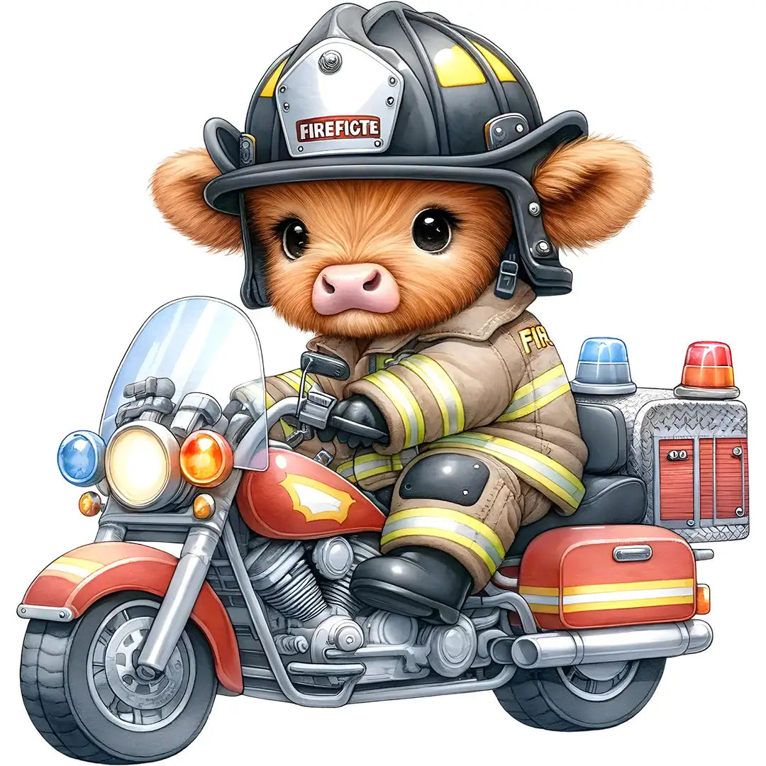 Bügelbild Feuerwehr Kuh Motorradheld