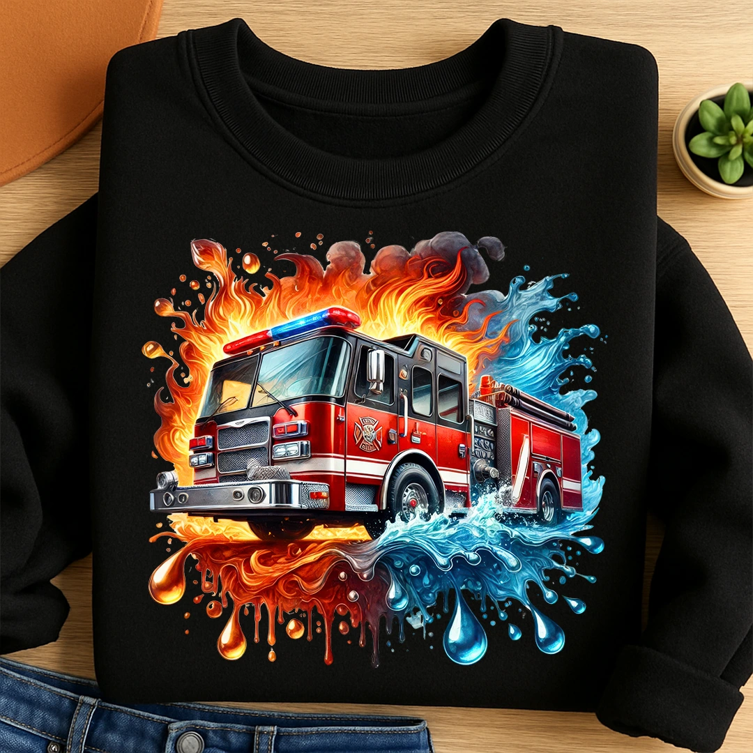 Bügelbild Feuerwehrwagen mit Flammen und Wasser