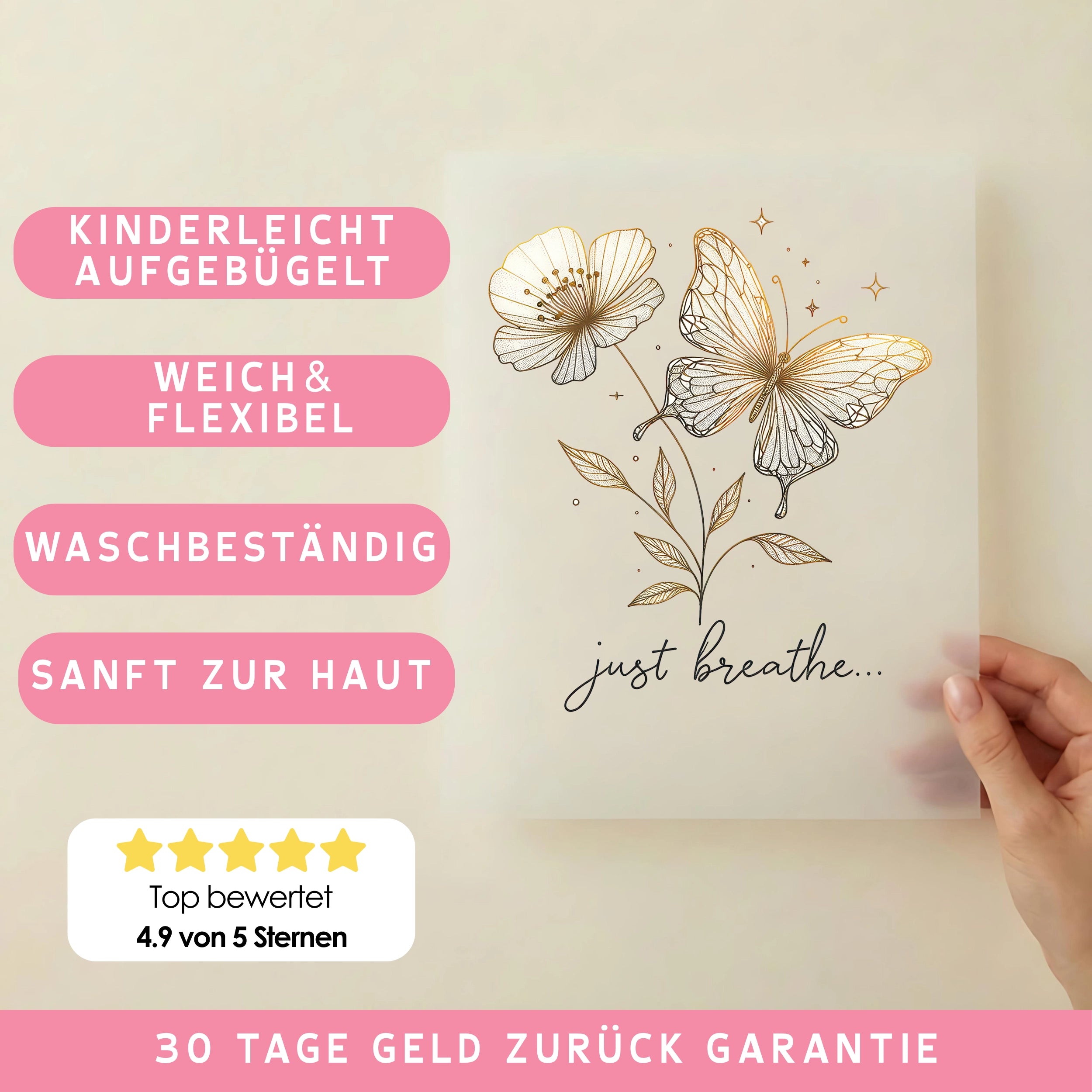 Bügelbild Schmetterling Blume Just Breathe