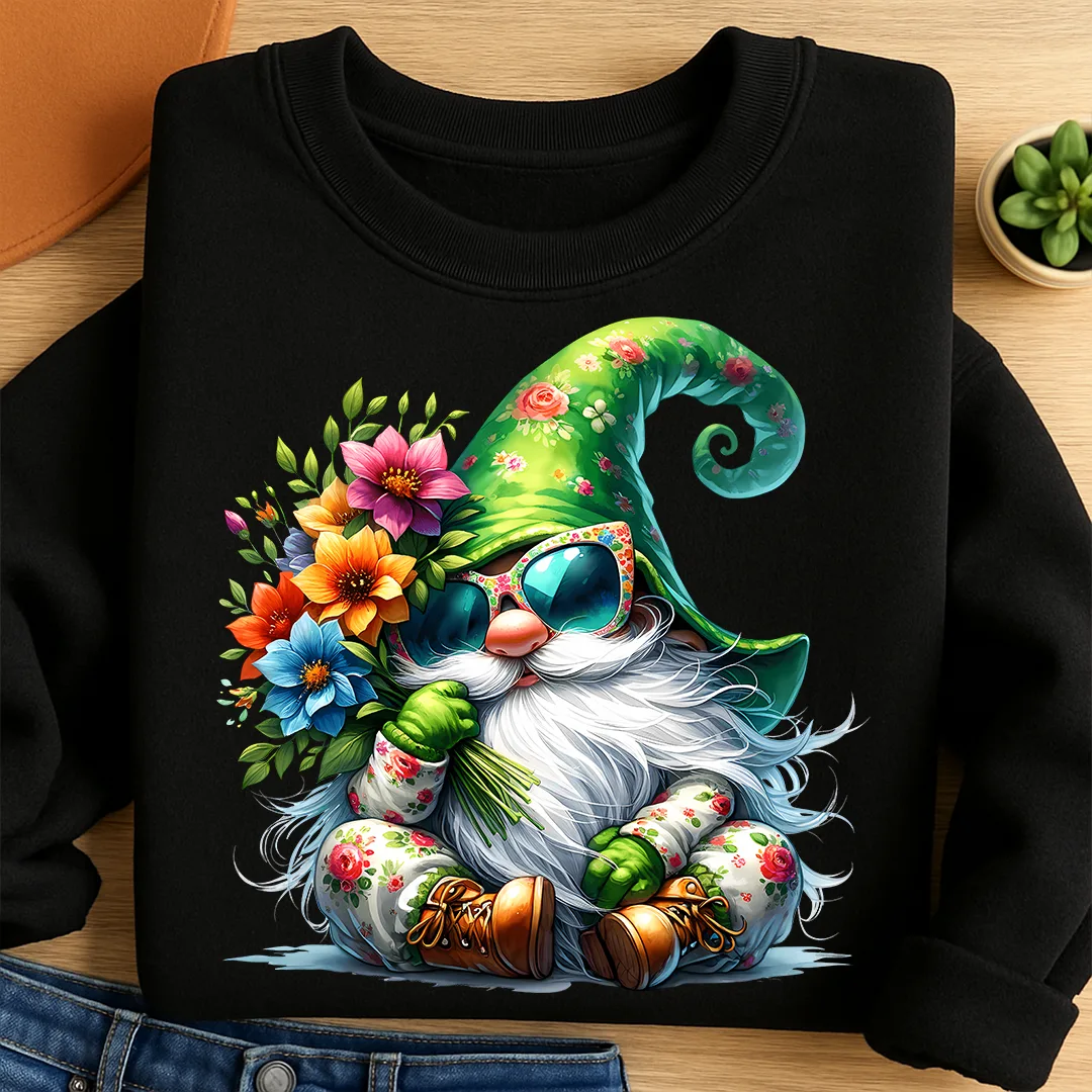 Bügelbild Frühlingszwerg mit Blumenstrauß
