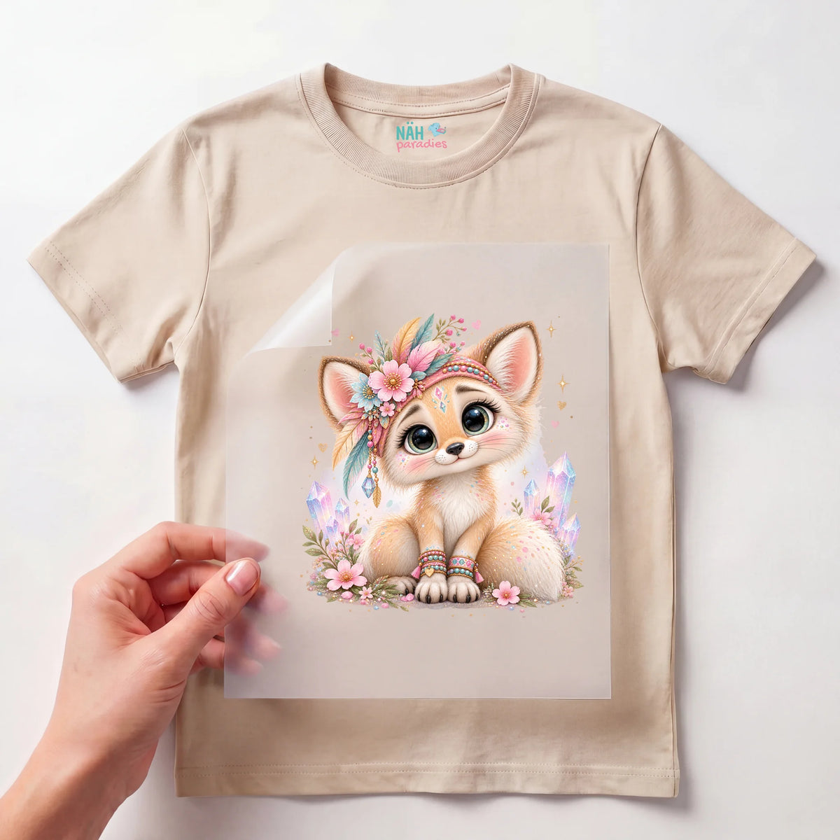 Bügelbild Fuchs Boho mit Blumen und Kristallen