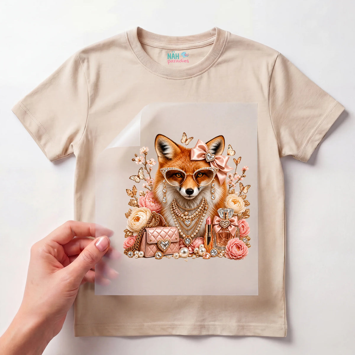 Bügelbild Fuchs Glamour mit Sonnenbrille und Perlen