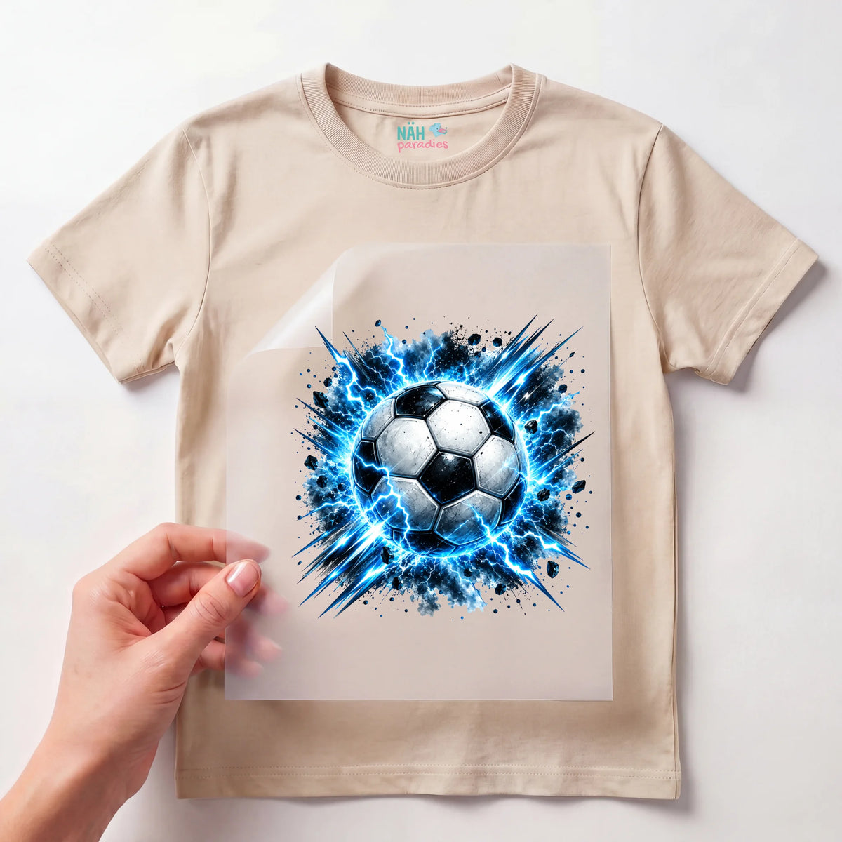 Bügelbild Fußball Blitz Blau