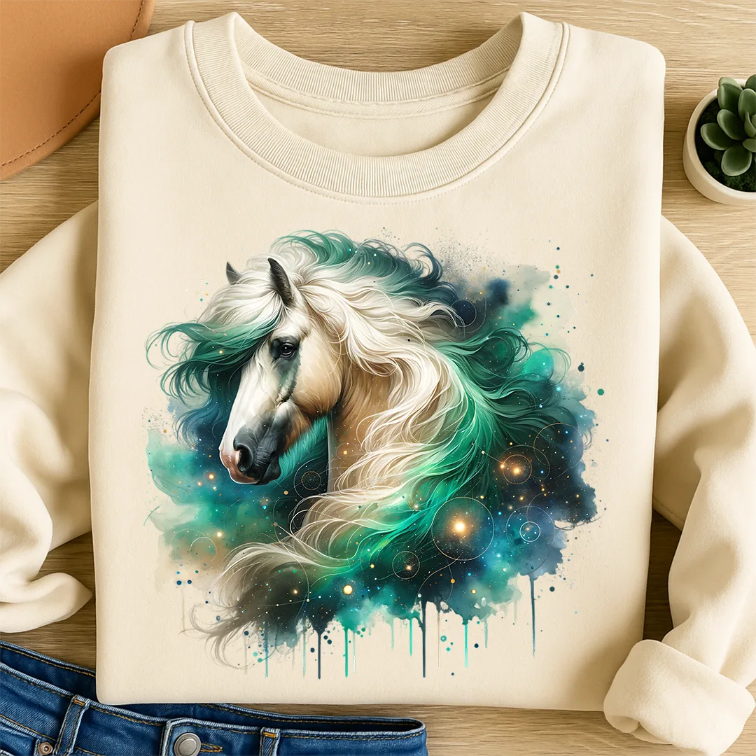 Bügelbild Galaxie Pferd Weiß Grün