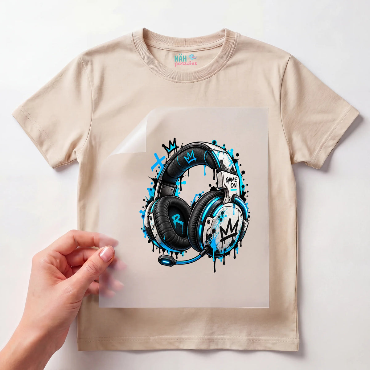 Bügelbild Gamer Headset Graffiti Blau Game On
