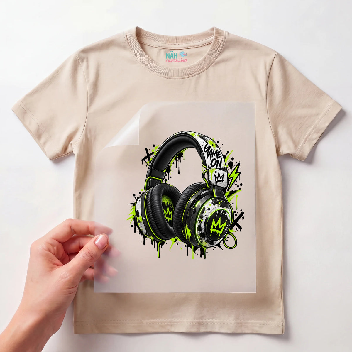 Bügelbild Gamer Headset Graffiti Neongrün