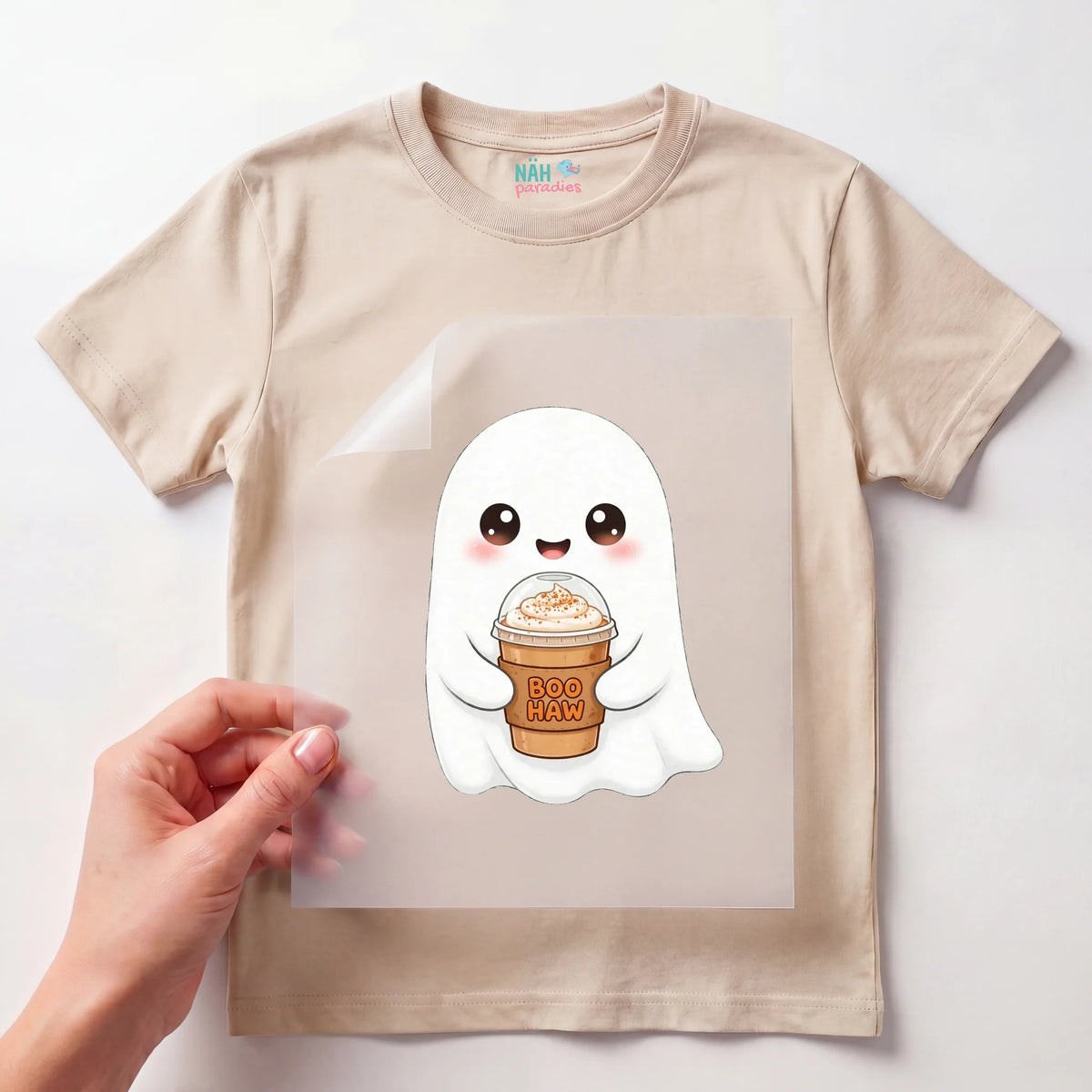 Bügelbild Geist mit Kaffeebecher Boo Haw