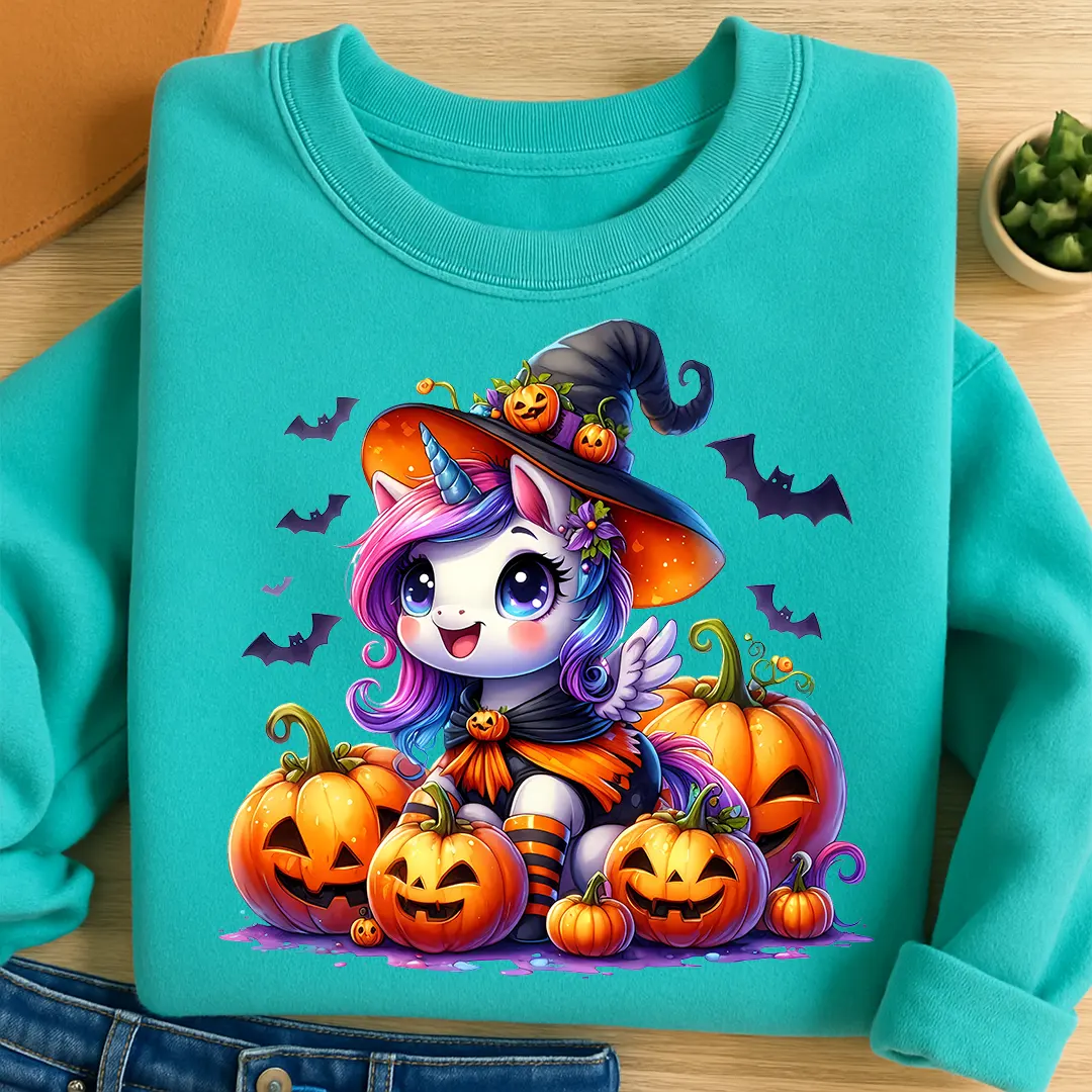 Bügelbild Halloween Einhorn Kürbi