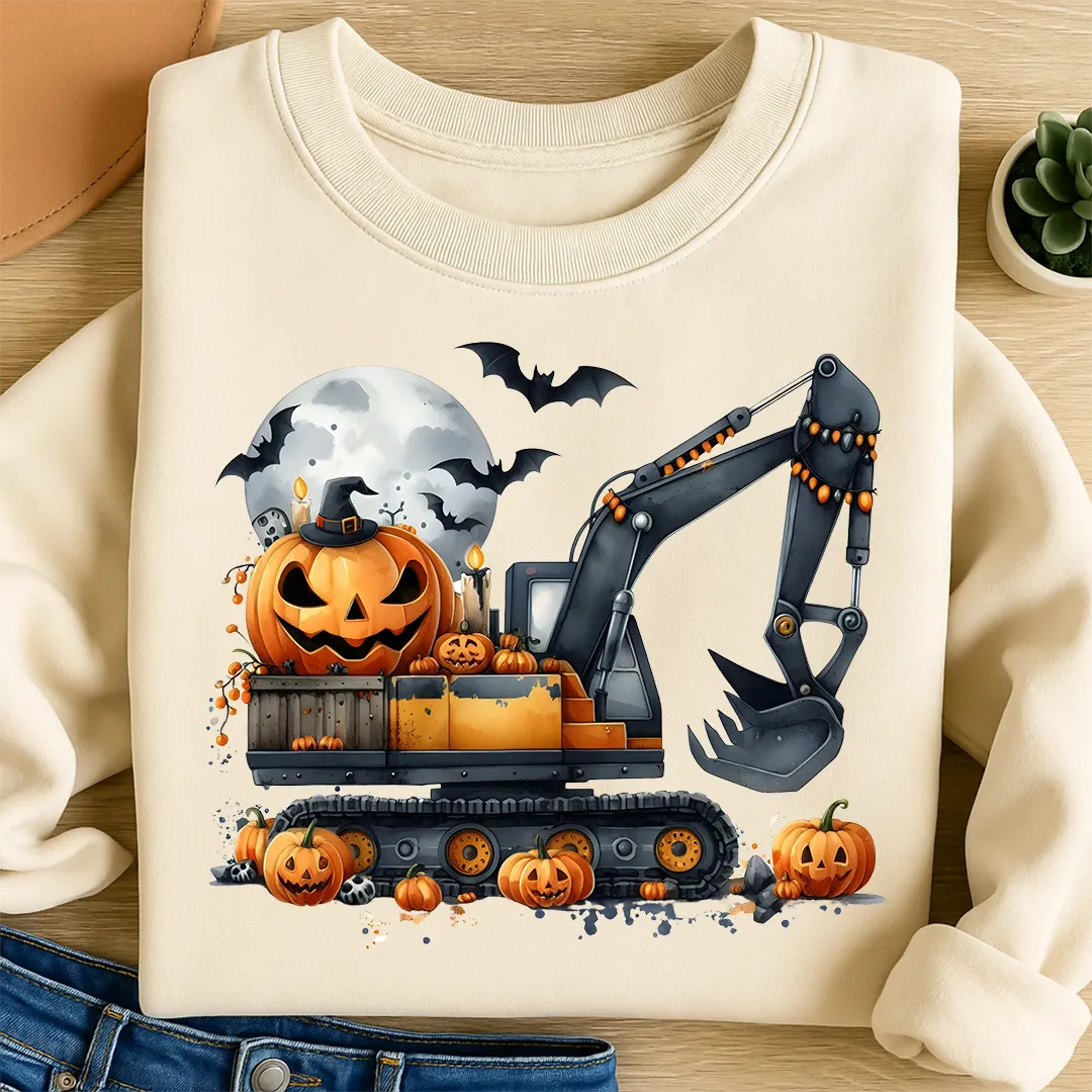Bügelbild Halloween Kürbis Bagger