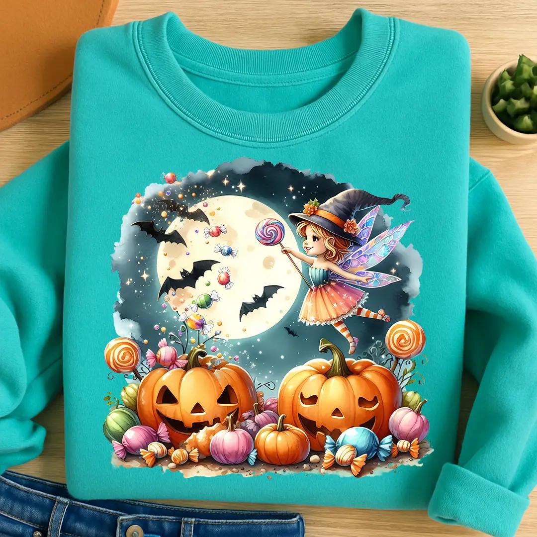 Bügelbild Halloween Süßigkeiten Fee