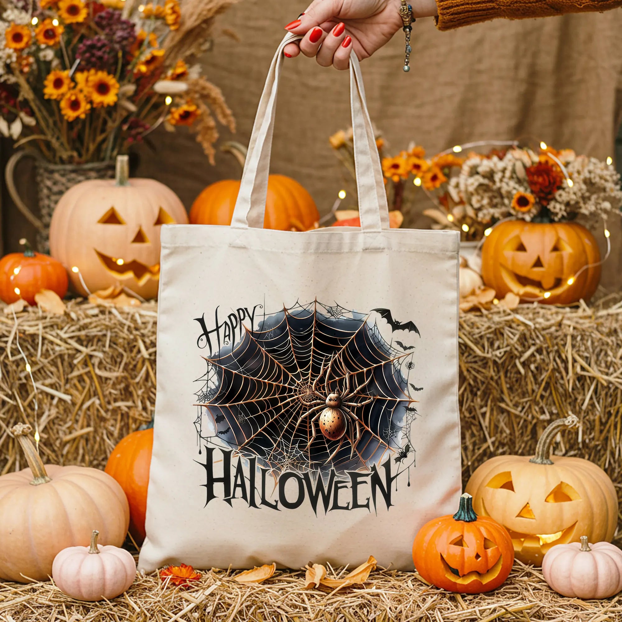 Bügelbild Happy Halloween Spinnennetz