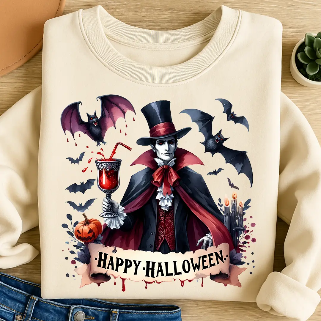 Bügelbild Happy Halloween Vampir mit Kelch