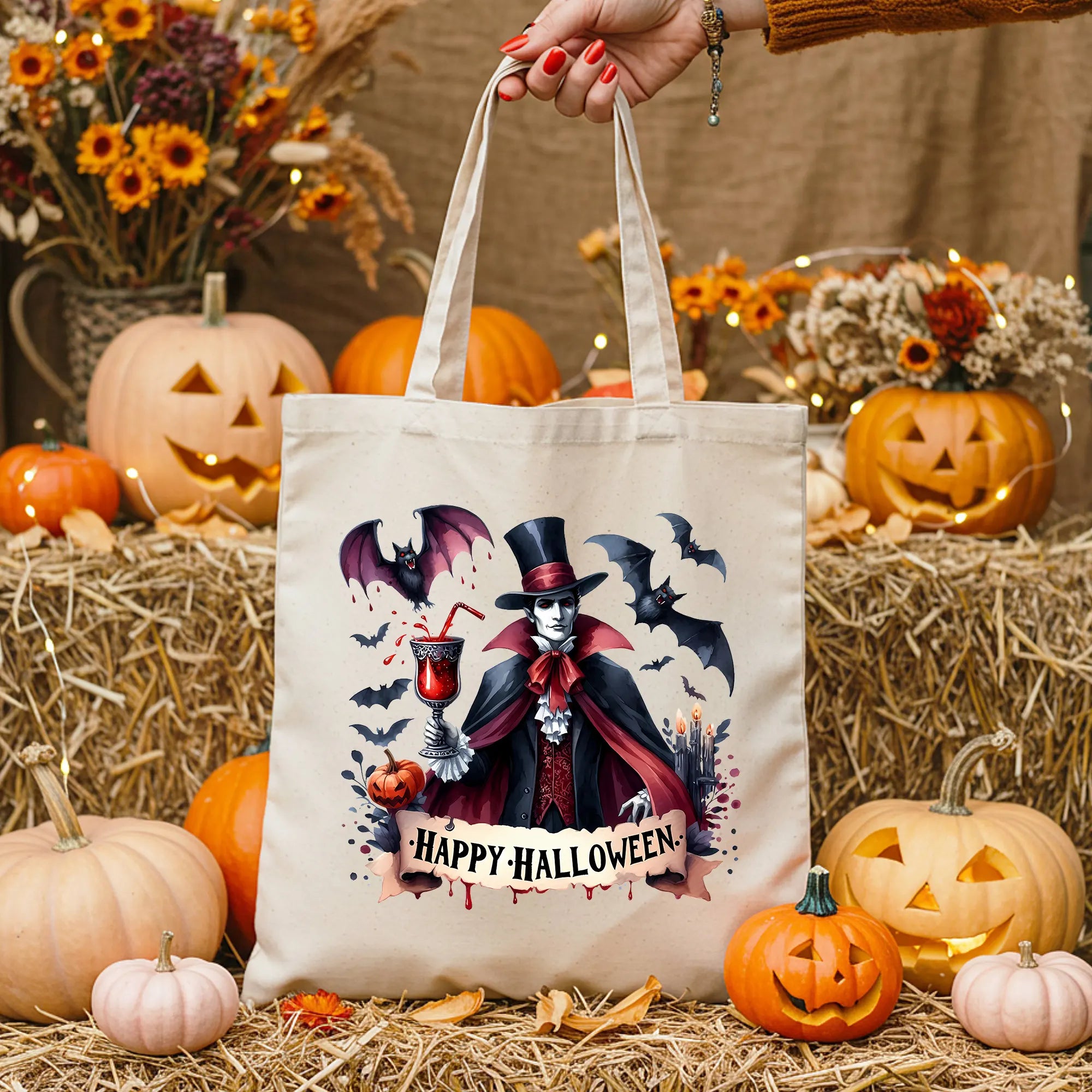 Bügelbild Happy Halloween Vampir mit Kelch