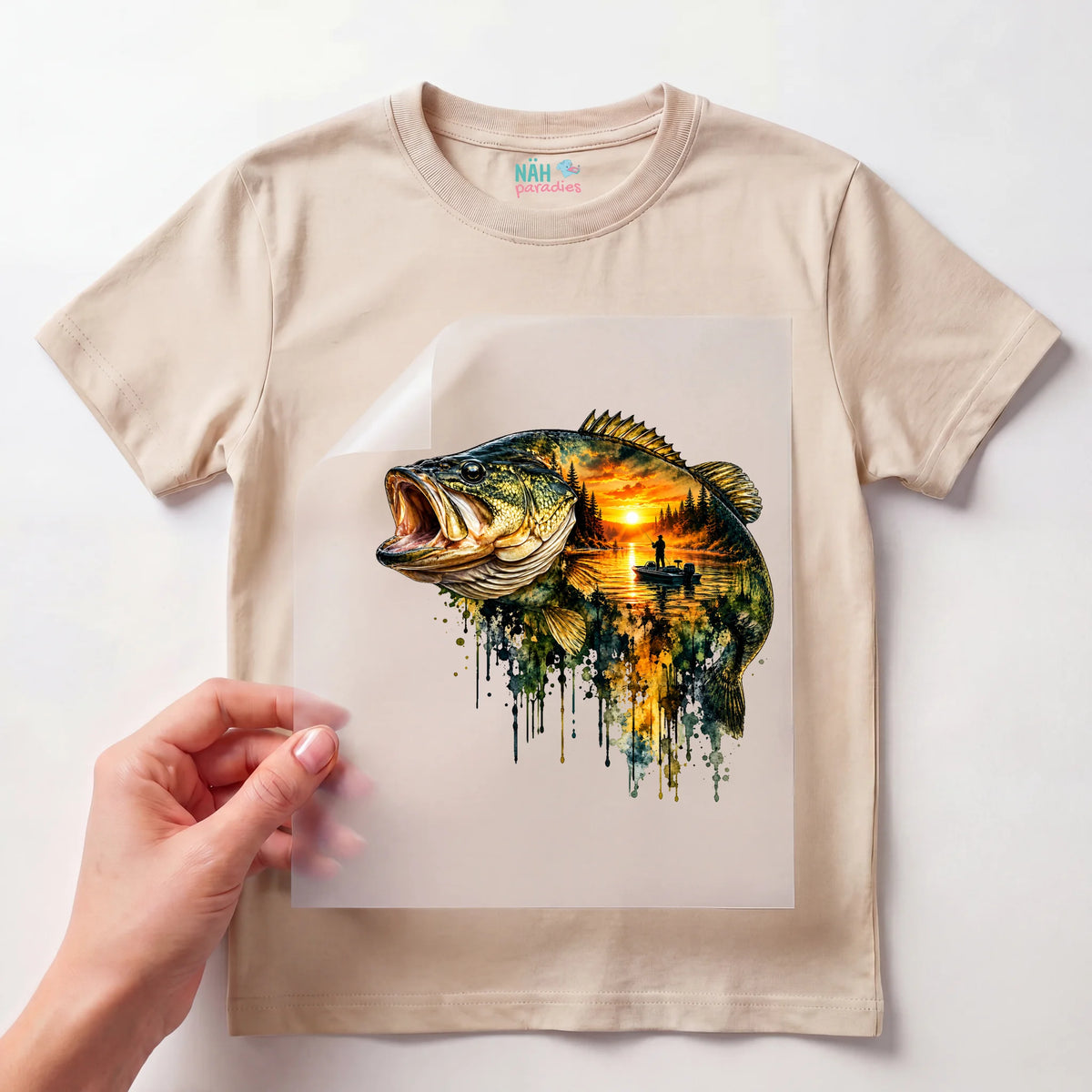 Bügelbild Hecht Angler Sonnenuntergang