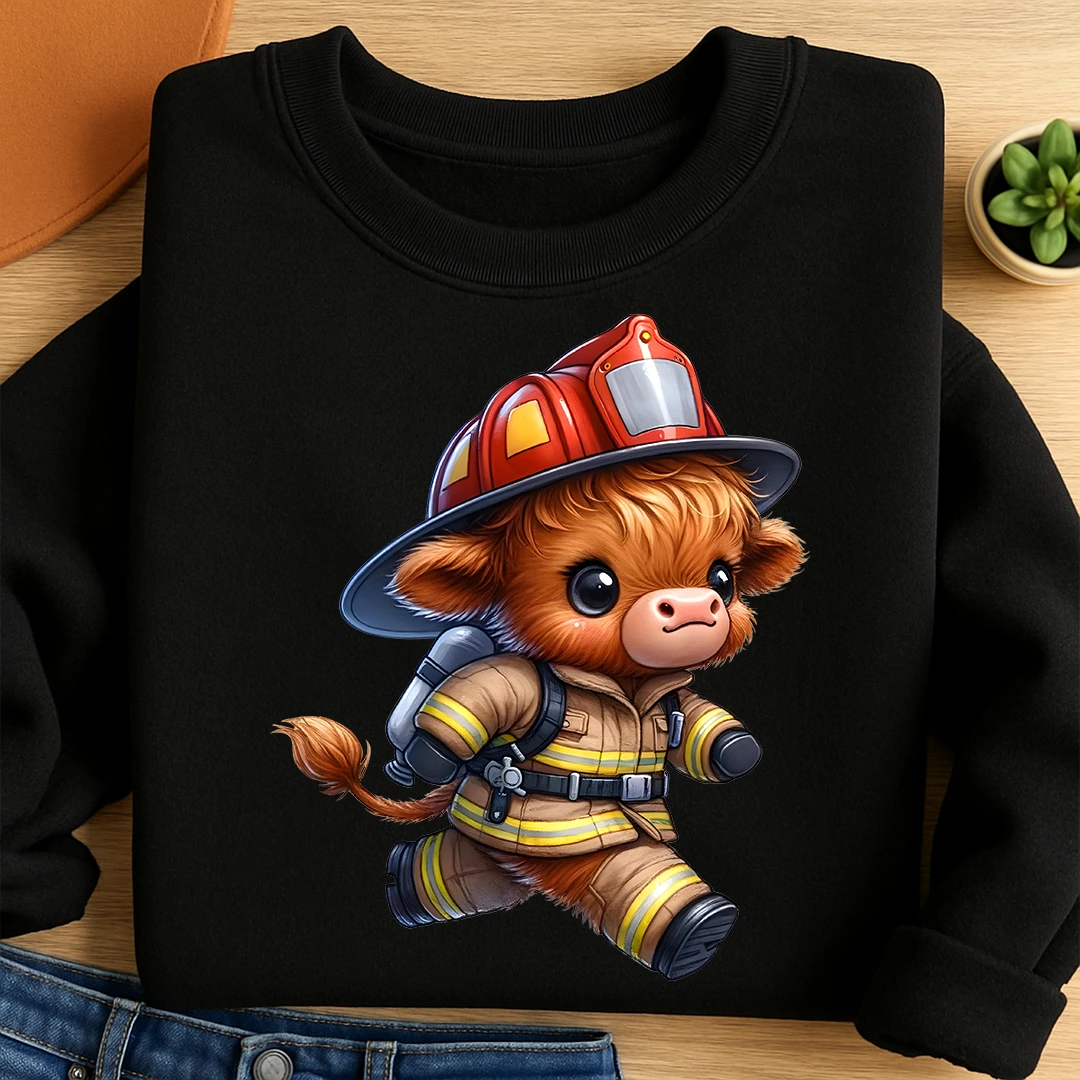 Bügelbild Highland Kuh Feuerwehrheld