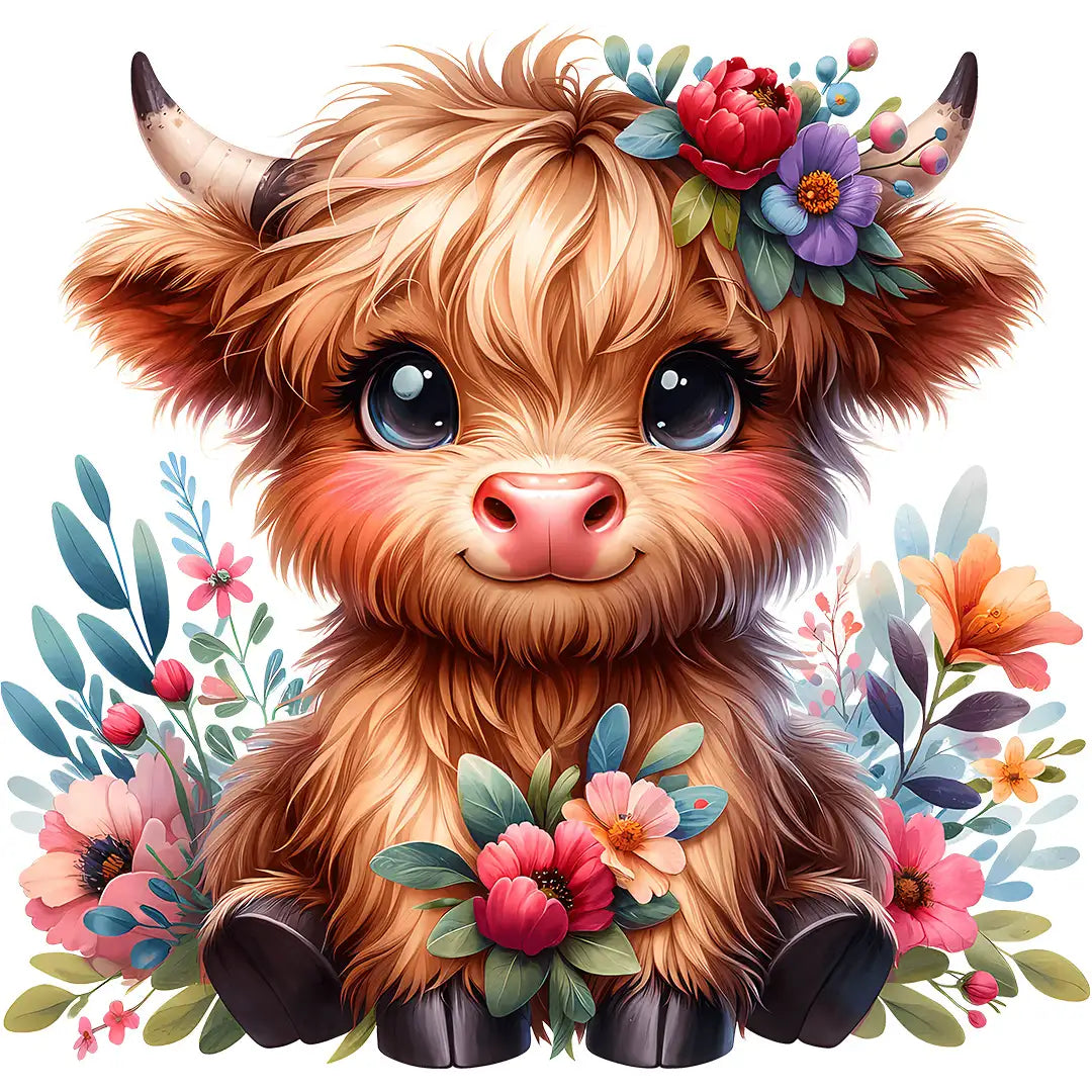 Bügelbild Highland Kuh Frida mit Frühlingsblumen - S