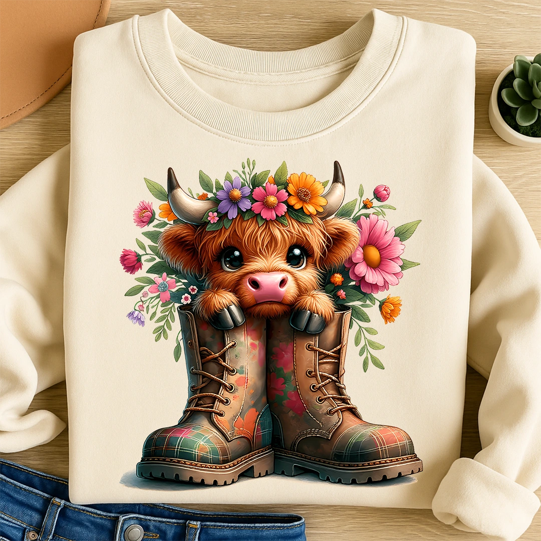 Bügelbild Highland Kuh Pippa im Stiefel