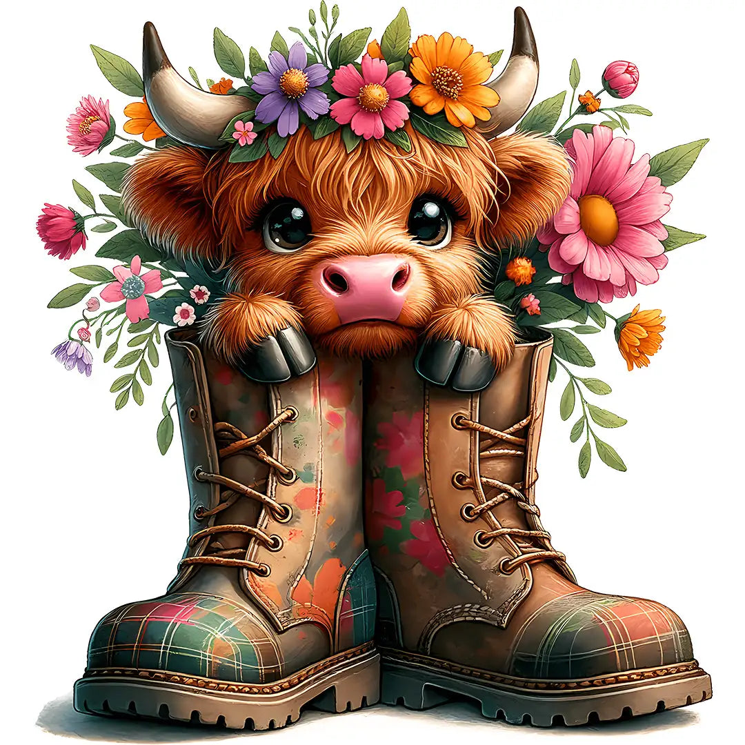 Bügelbild Highland Kuh Pippa im Stiefel - S