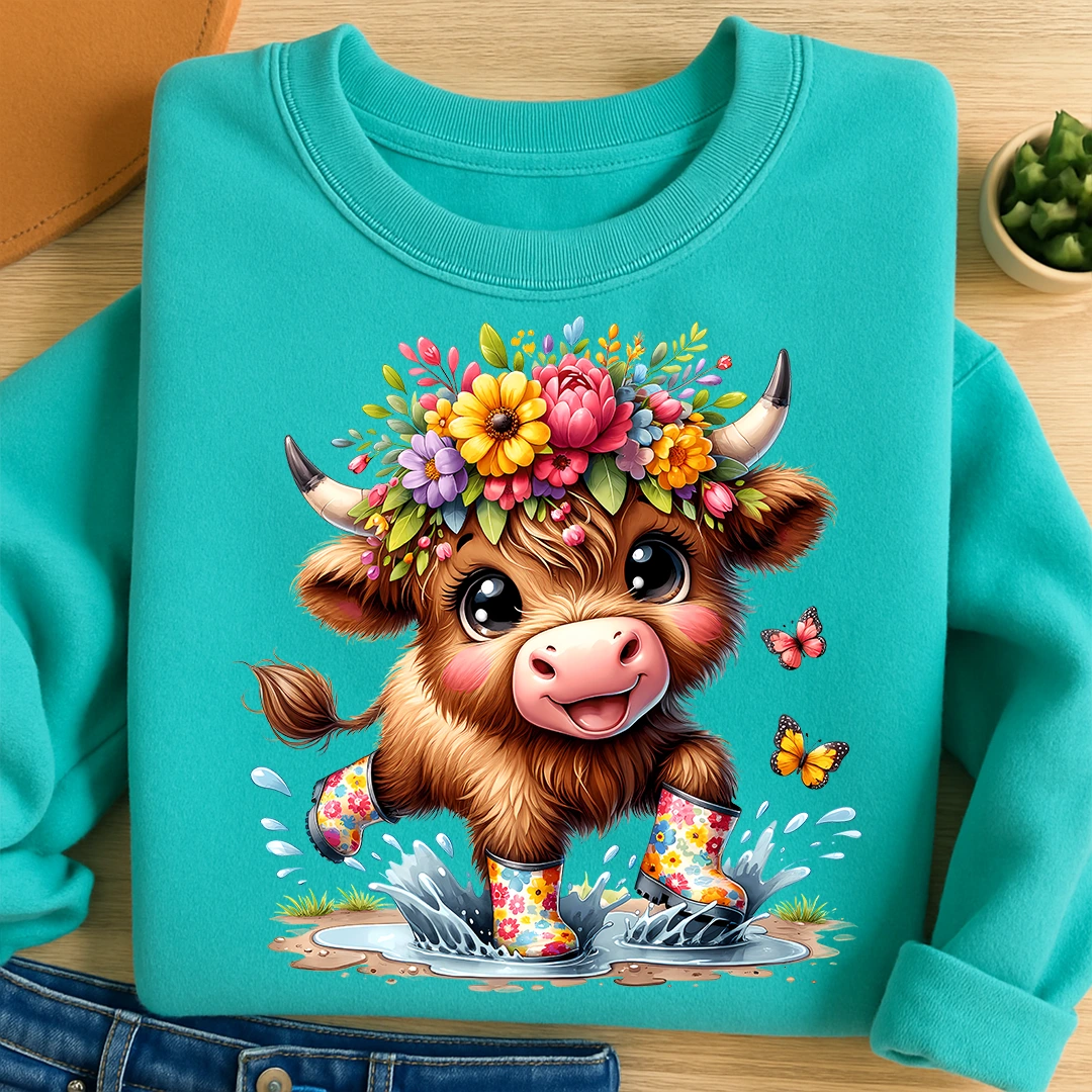 Bügelbild Highland Kuh Plitsch Platsch Gummistiefel